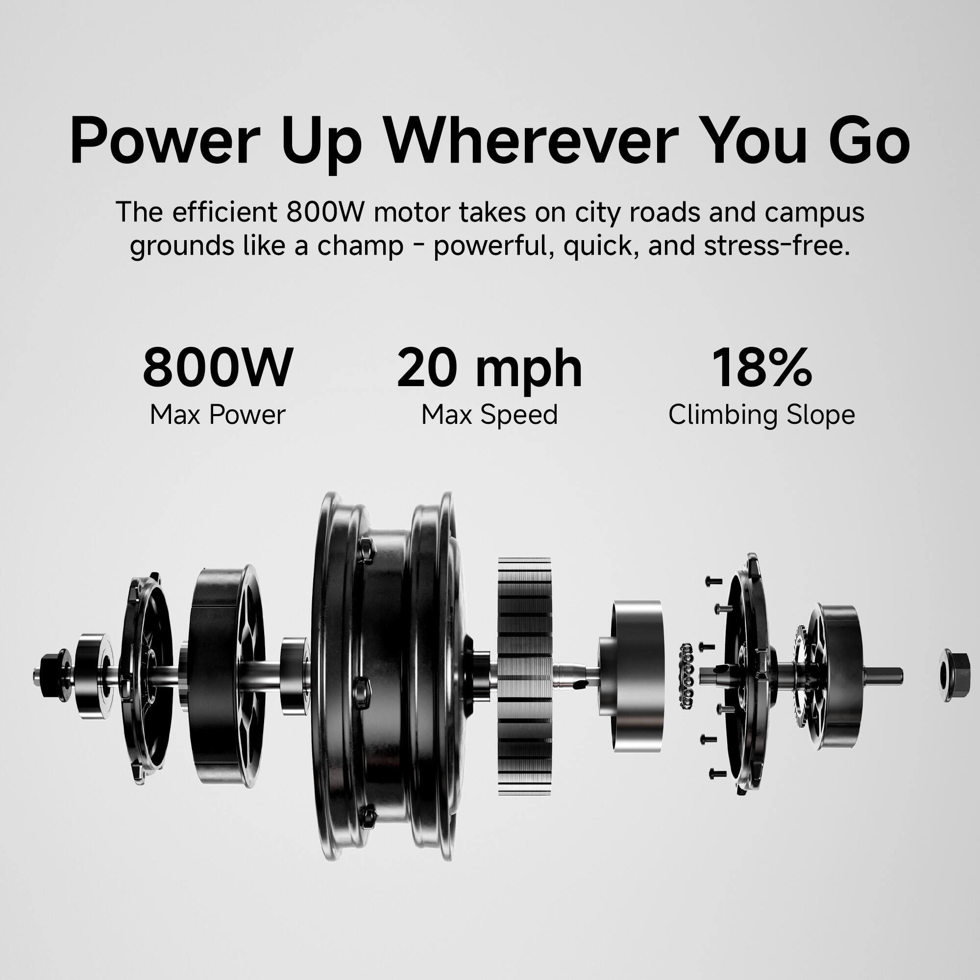 Power Up Wherever You Go

The efficient 800W motor takes on city roads and campus grounds like a champ - powerful, quick, and stress-free.

800W  
Max Power

20 mph  
Max Speed

18%  
Climbing Slope