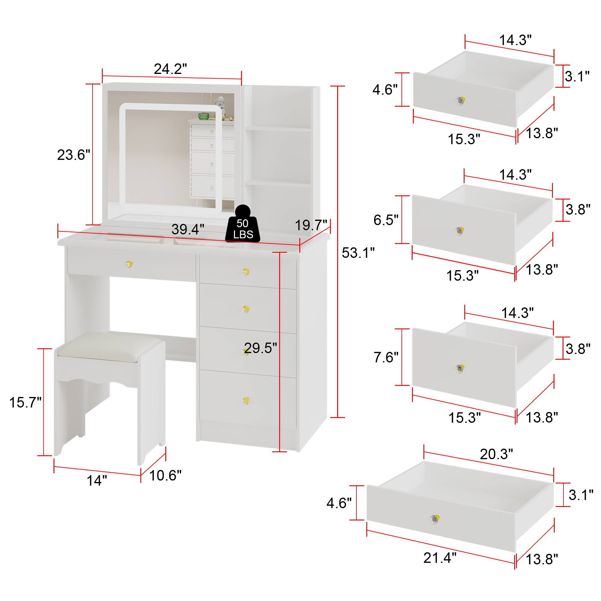 Sure, here is the corrected and grouped text from the image:

- **Dimensions of the Desk:**
  - Width: 24.2"
  - Depth: 39.4"
  - Height: 53.1"
  - Weight Capacity: 50 LBS

- **Dimensions of the Stool:**
  - Width: 14"
  - Depth: 10.6"
  - Height: 15.7"

- **Dimensions of the Shelves:**
  - Shelf 1:
    - Width: 14.3"
    - Depth: 3.1"
    - Height: 4.6"
  - Shelf 2:
    - Width: 14.3"
    - Depth: 3.8"
    - Height: 6.5"
  - Shelf 3:
    - Width: 14.3"
    - Depth: 3.8"
    - Height: 7.6"
  - Shelf 4:
    - Width: 14.3"
    - Depth: 3.1"
    - Height: 4.6"

- **Additional Dimensions:**
  - Drawer Height: 