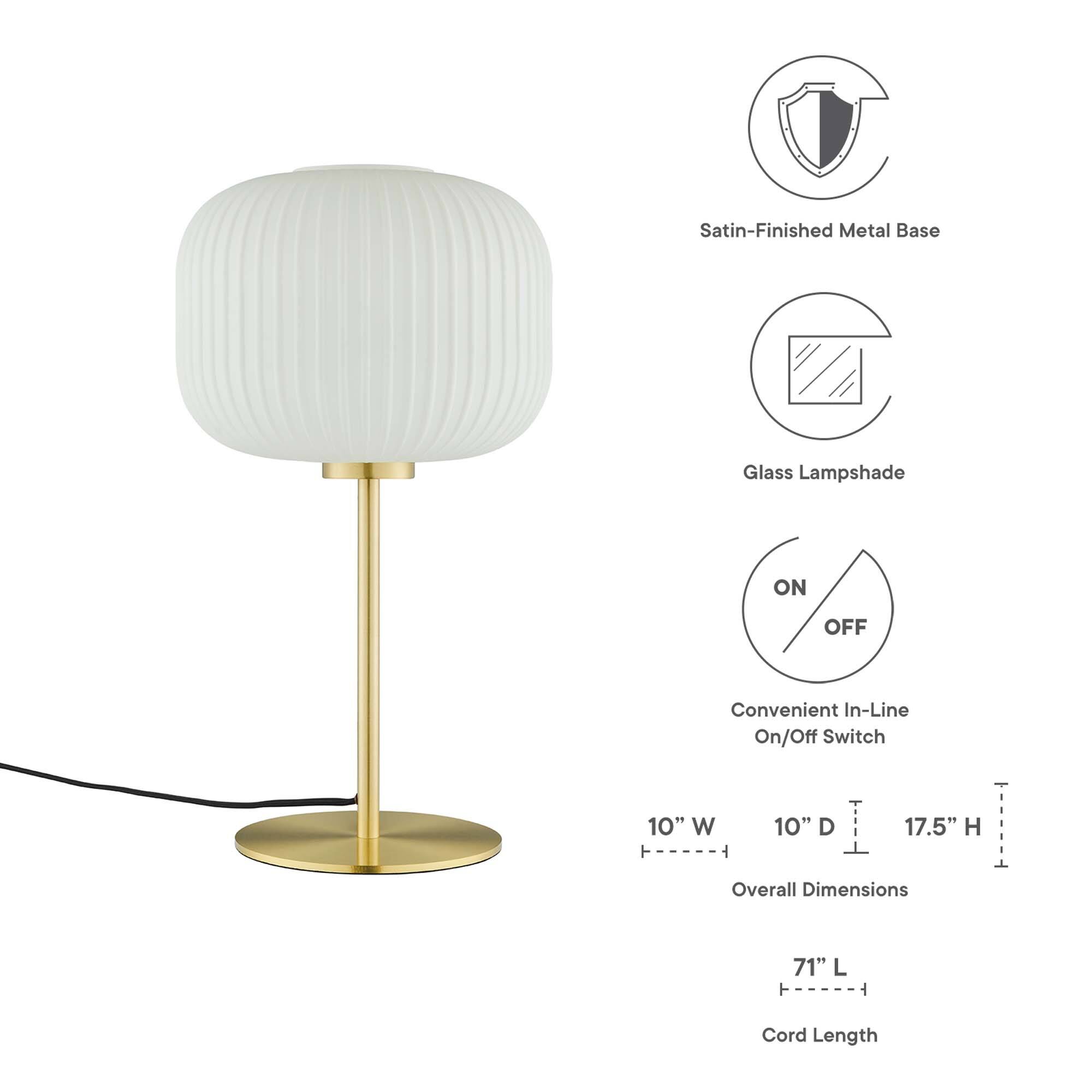 Satin-Finished Satin Metal Base Glass Lampshade  
Convenient In-Line On/Off Switch  

Overall Dimensions:  
- Width: 10"  
- Depth: 10"  
- Height: 17.5"  

Cord Length: 71"