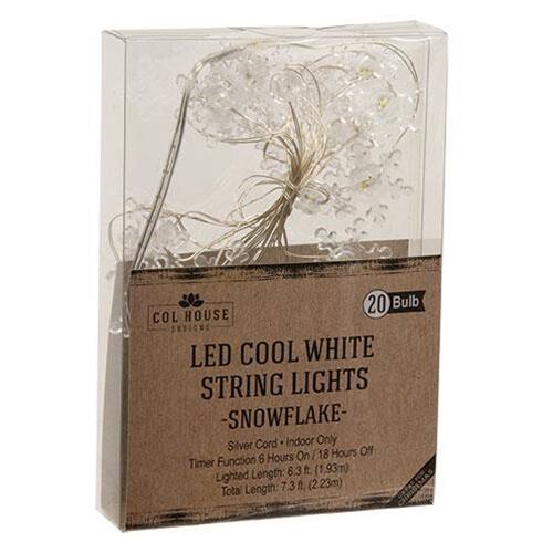 20 Bulb COL HOUSE LED COOL WHITE STRING LIGHTS - SNOWFLAKE - Silver Cord Indoor Only On 18 Hours Off Timer Function 6 Hours Lighted Length 6.3 ft. (1.93m) Total Length 7.3 ft. (2.23m)