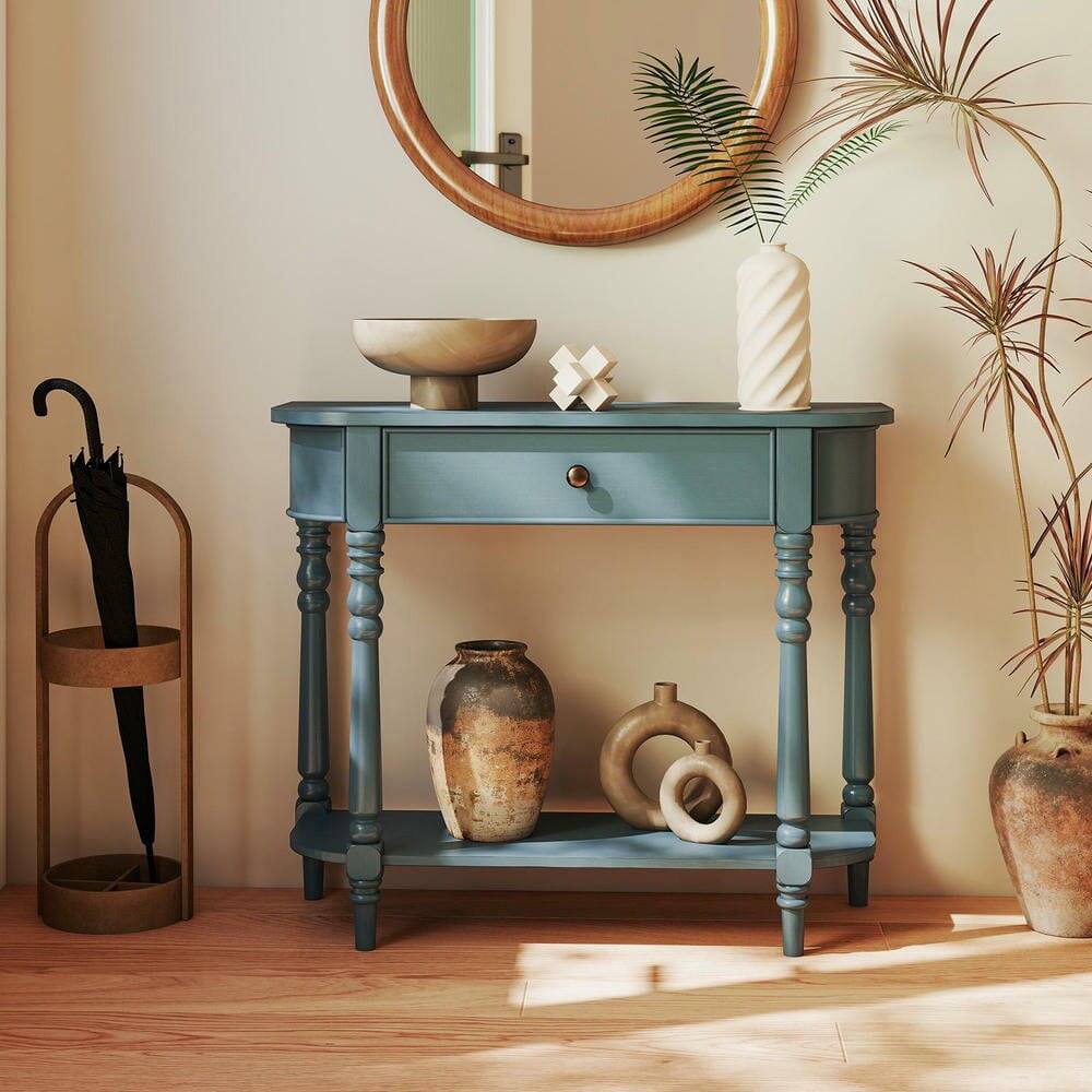 Angle. Resenkos - 36"L Retro Wooden 2-Tier Narrow Console Table for Behind Couch/Foyer, Blue - Blue.