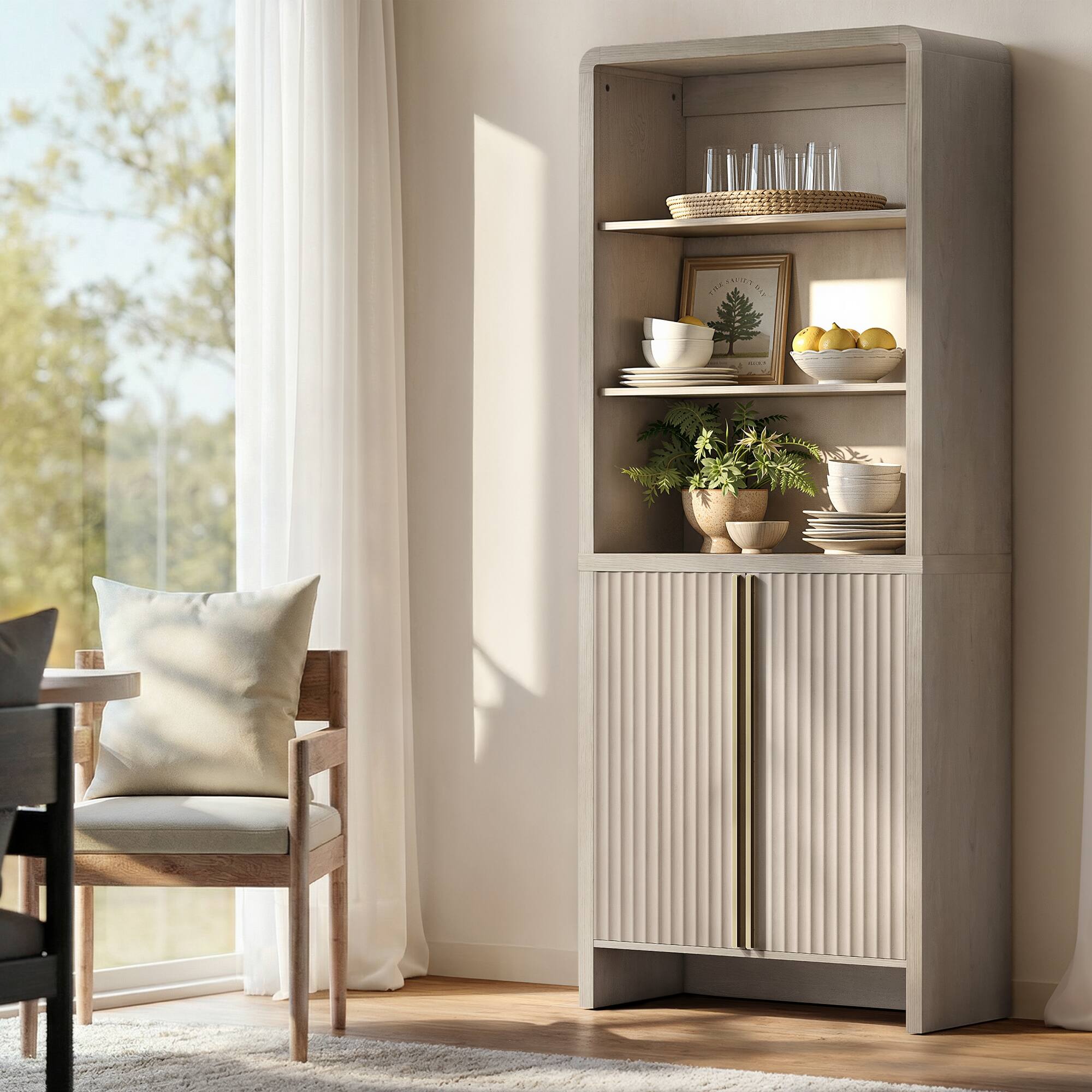 Left. ModernMate - Fluted Book Shelf with Doors, Bookcases with 3 Open Shelves & 3 Hidden Shelves - White Alder.