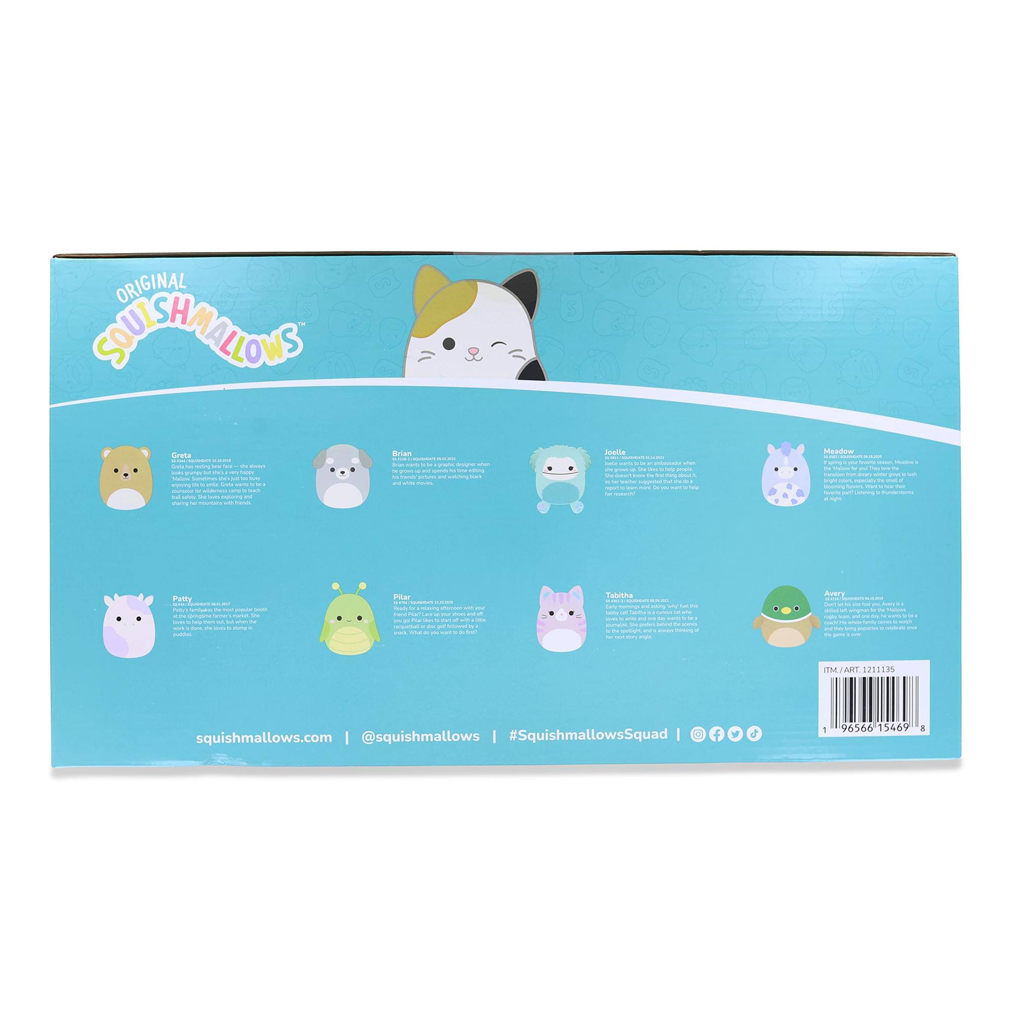 ORIGINAL SOULSHMALLOWS

- Gracie
- Brian
- Joanie
- Meadow
- Patty
- Plur
- Tabitha
- Avery

squishmallows.com | @squishmallows | #SquishmallowsSquad

TM/ART. 1211135

1 96566 15669 8