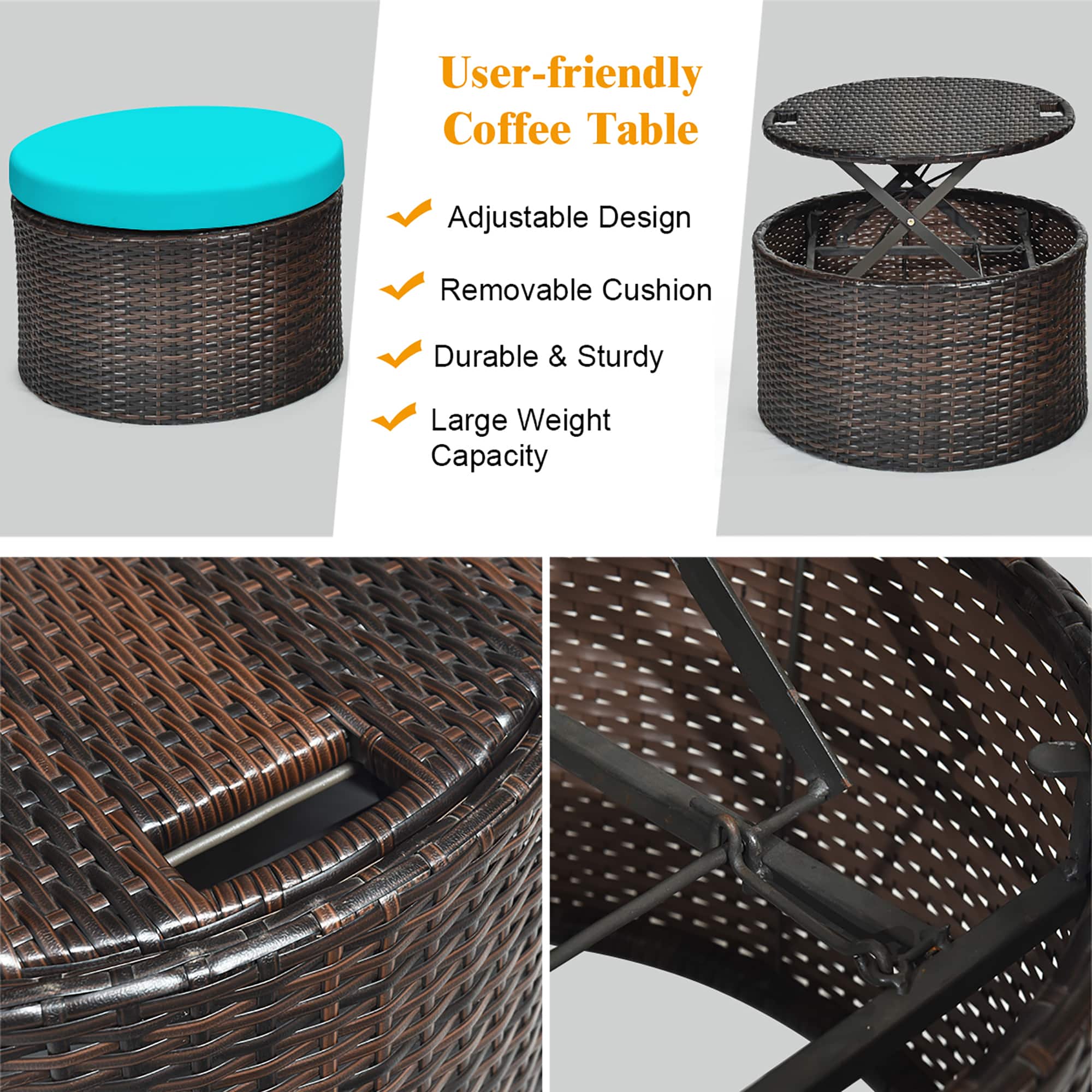User-friendly Coffee Table: Adjustable Design, Removable Cushion, Durable & Sturdy, Large Weight Capacity.