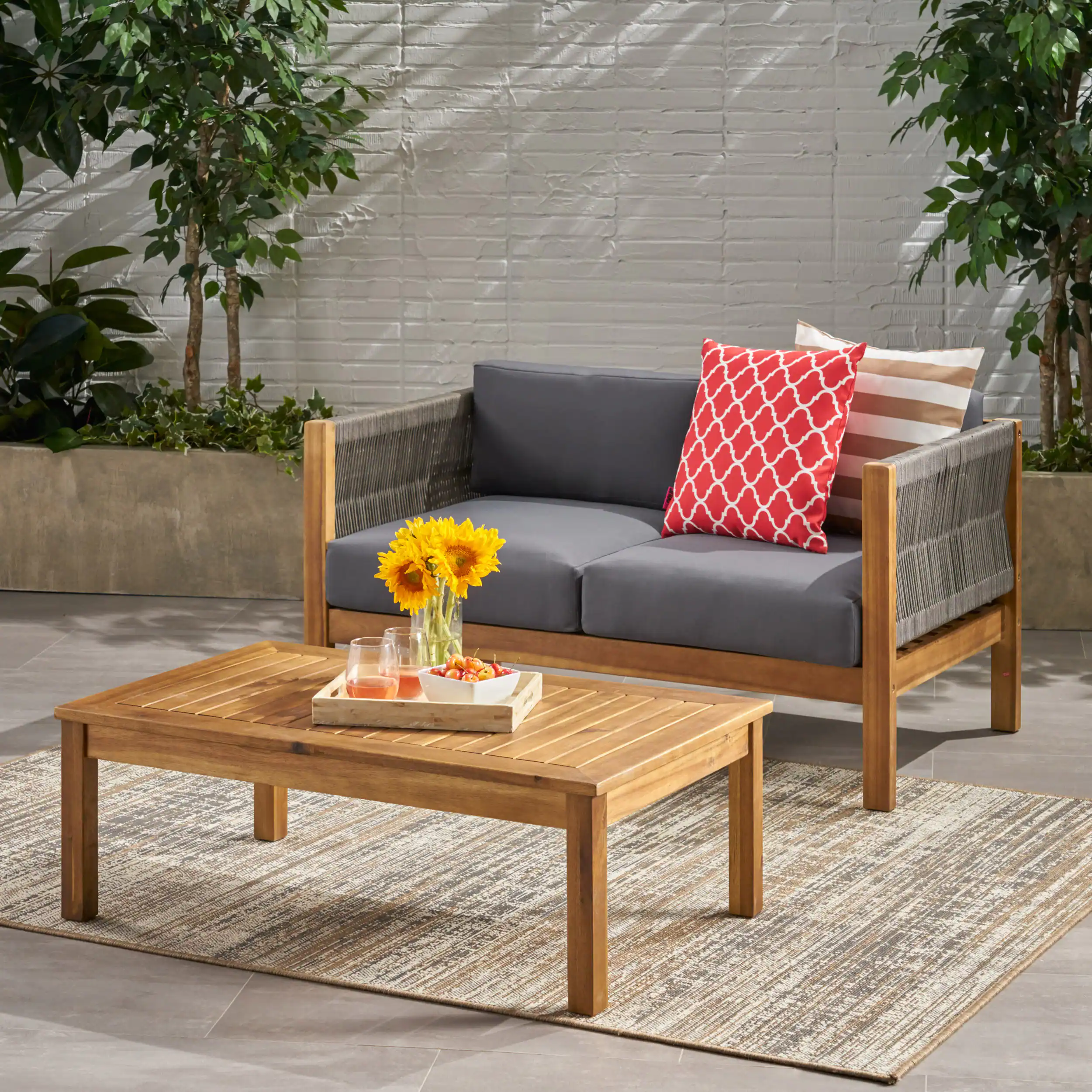 Front. APRILSOUL - Patio Loveseat Coffee Table Set with Cushion Acacia Wood Frame for Garden Backyard Porch and Poolside Minimalistic Style - Teak.