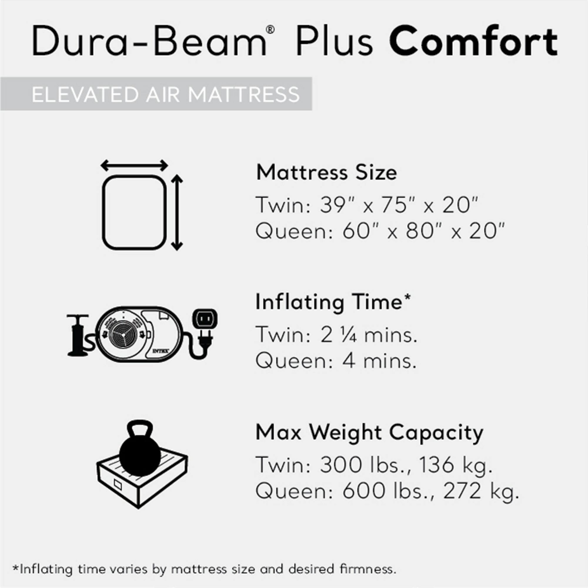 Dura-Beam Plus Comfort  
ELEVATED AIR MATTRESS  

Mattress Size  
Twin: 39" x 75" x 20"  
Queen: 60" x 80" x 20"  

Inflating Time*  
Twin: 2 1/4 mins.  
Queen: 4 mins.  

Max Weight Capacity  
Twin: 300 lbs., 136 kg.  
Queen: 600 lbs., 272 kg.  

*Inflating time varies by mattress size and desired firmness.