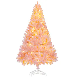 Homcom - Tall Prelit Christmas Tree Douglas Fir Artificial Christmas Tree with Realistic Branches, 250 Warm White LED Lights - Pink