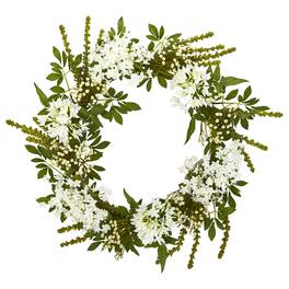 BreeBe - 24" White Mixed Floral Artificial Wreath - Green