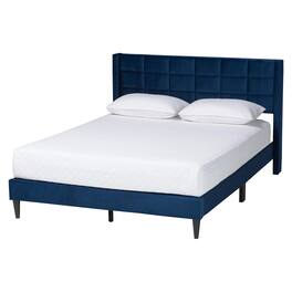 Baxton Studio - Payne Modern Glam Velvet and Dark Brown Wood Queen Bed - Navy Blue/Black