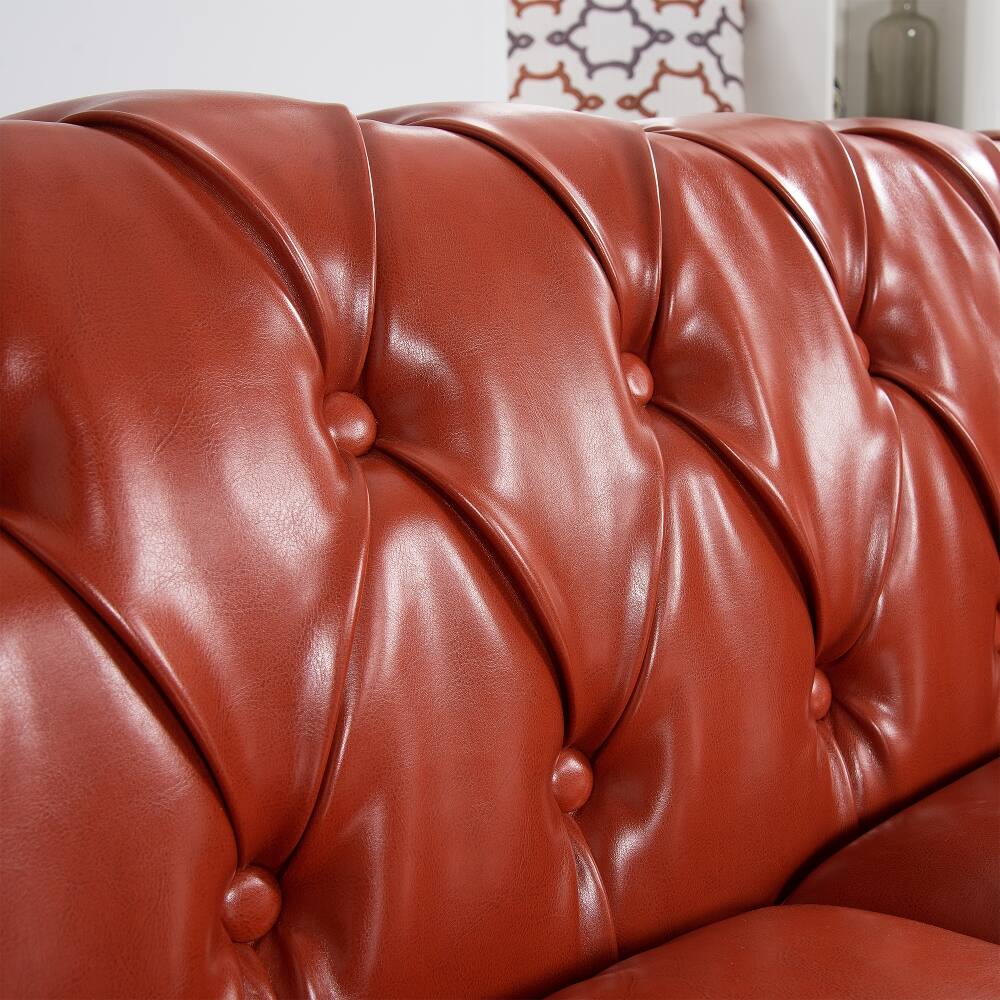 Alt View 9. Loheer - Loheer 84.65 Inch Rolled Arm Chesterfield 3 Seater Sofa PU Leather Couch Vintage Tufted Back Living Room Sofa - Brown.