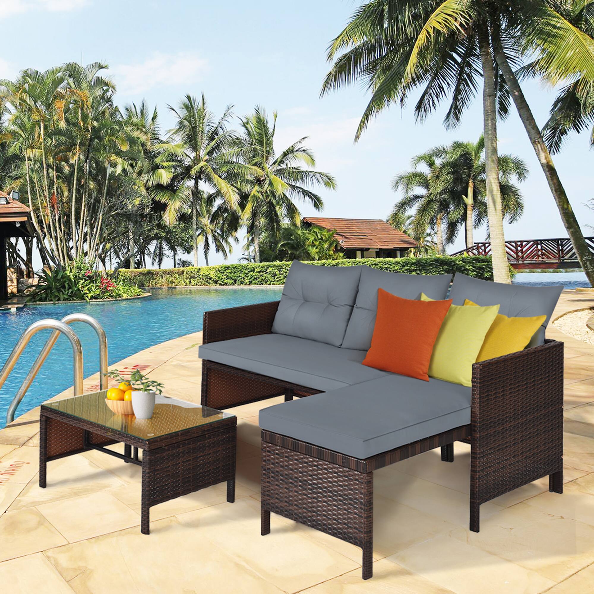 Alt View 4. Gymax - Gymax 3PCS Outdoor Rattan Furniture Set Patio Couch Sofa Set w/ Cushion - Gray.