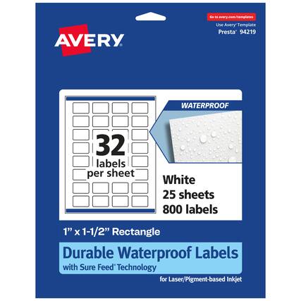 Go to avery.com/templates
AVERY
Use Avery Template Presta 94219
WATERPROOF
32 labels per sheet
White
25 sheets
800 labels
1" X 1-1/2" Rectangle
Durable Waterproof Labels with Sure Feed Technology for Laser/Pigment-based Inkjet
