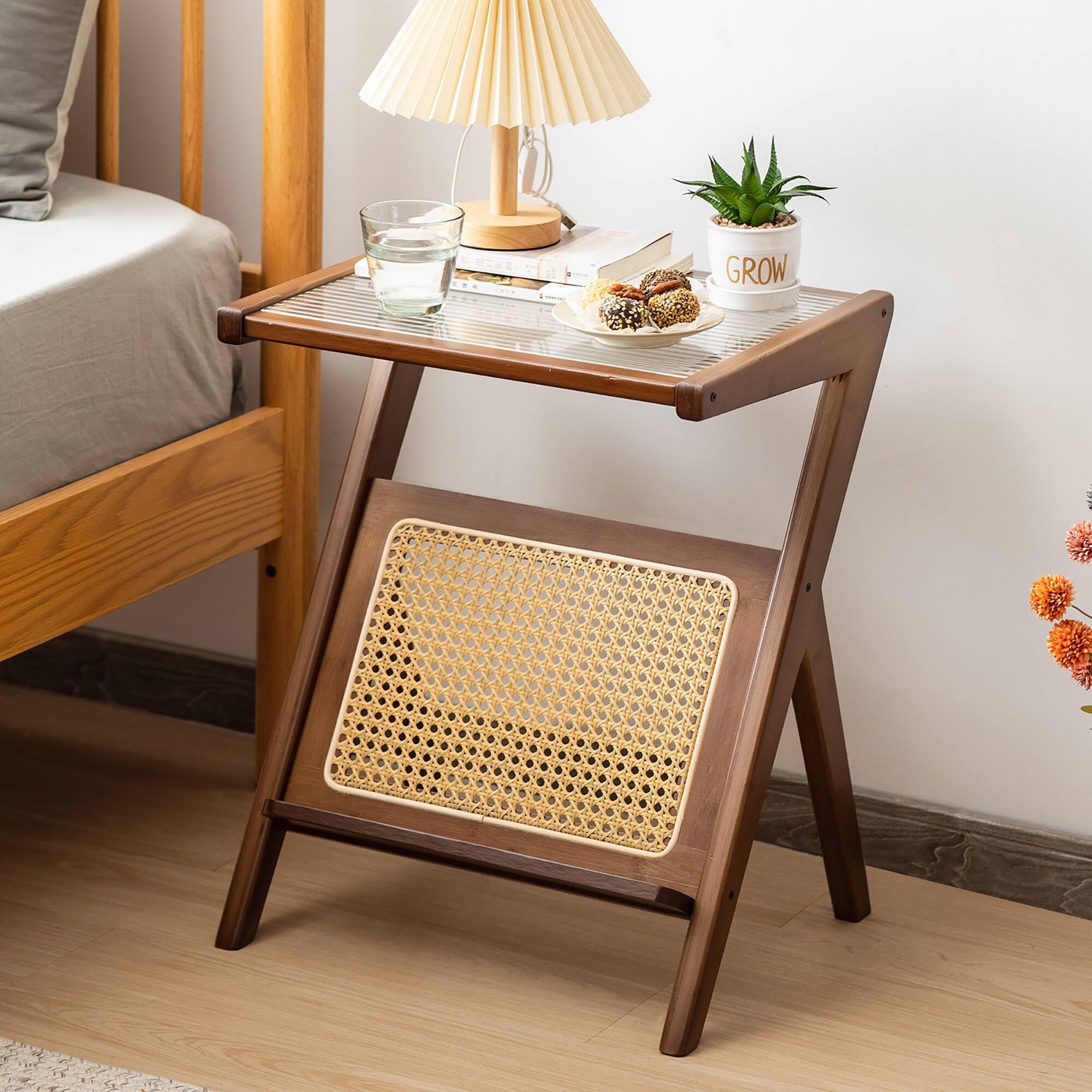Alt View 4. Gymax - Gymax 2 Pieces Boho End Table with Magazine Rack Versatile Bamboo Bedside Table w/ Rattan Shelf Walnut - Walnut.