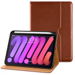 DTTO - Case for iPad Mini 7 (A17 Pro) 2024 / Mini 6 2021 8.3" - Leather Folio Stand with Pencil Holder & Multi-Angle Viewing - Brown