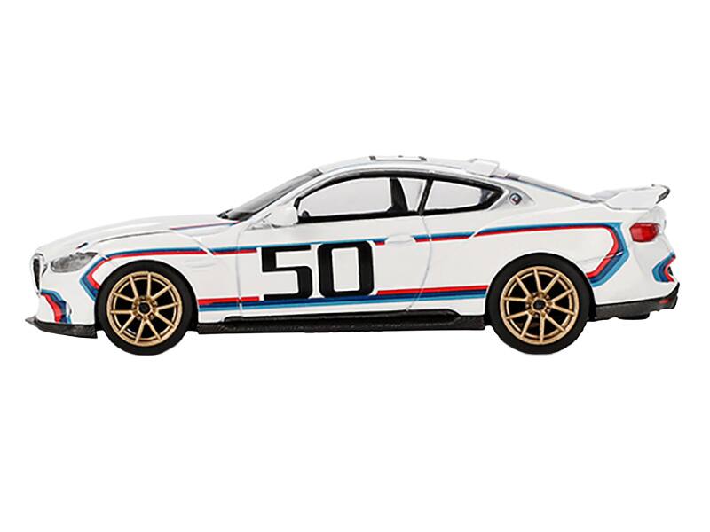 Angle. Mini GT - BMW 3.0 CSL #50 White with Blue and Red Stripes and Gold Wheels Limited Edition 1/64 Diecast Model Car by Mini GT - White, Blue, Red, Gold.
