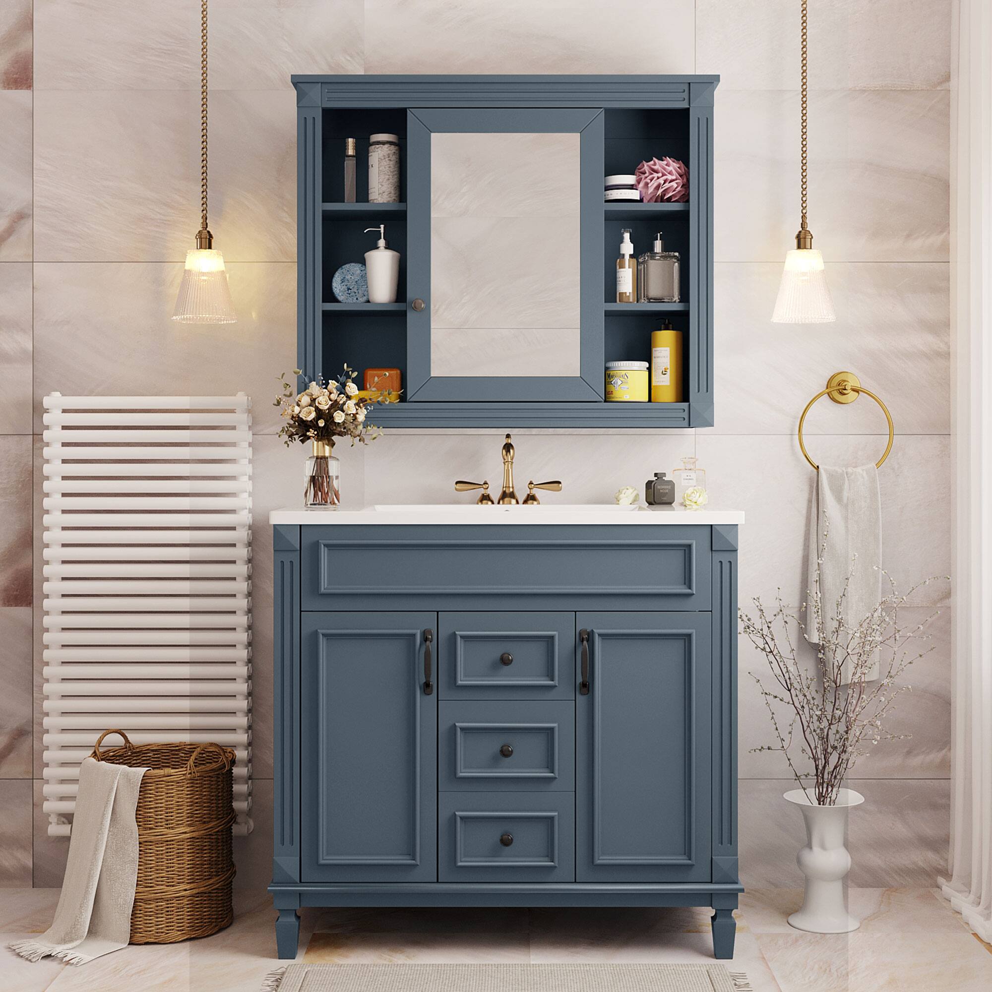 Left. TinyHomie - 36 inch Bathroom Vanity with Top Sink Royal Blue Mirror Cabinet Modern Bathroom Storage Cabinet - White.