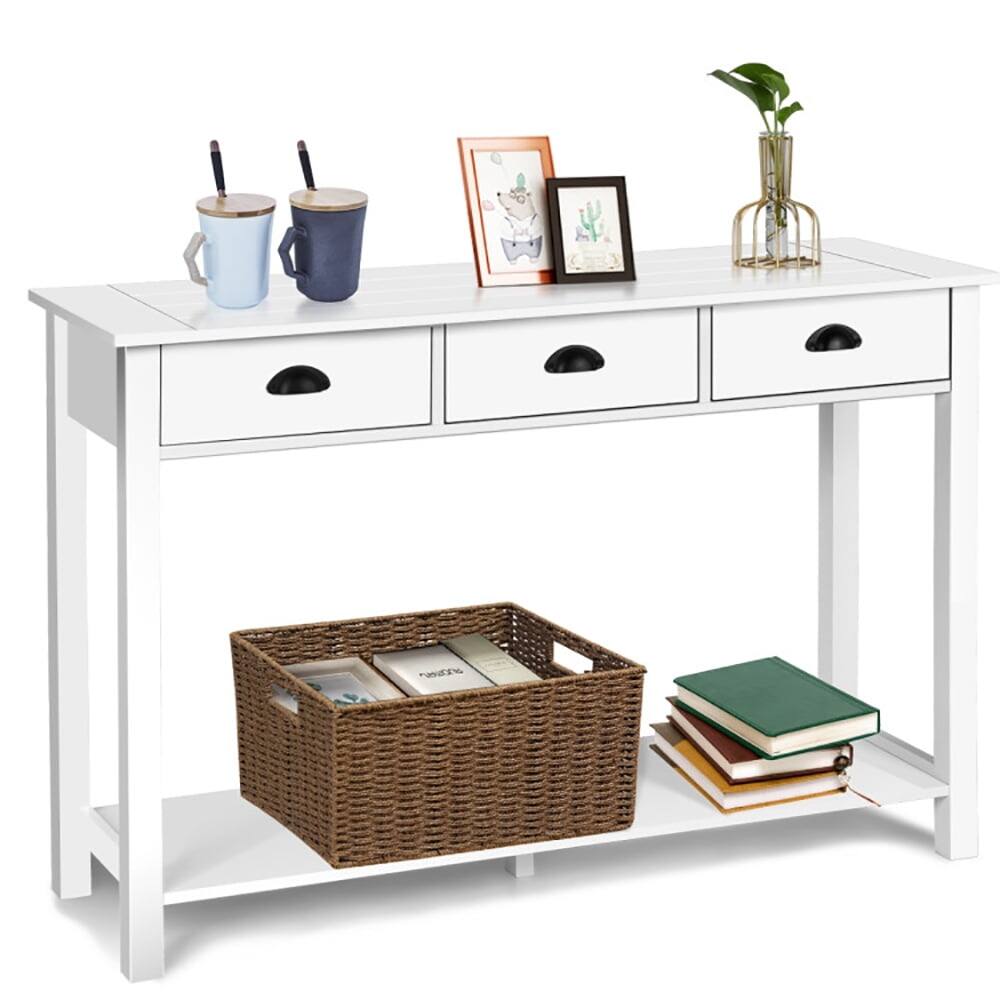 Alt View 3. Kadyn - Wooden Console Table with 3 Drawers and 2-Tier Shelves, Narrow Console Table, Entryway Hall Table with Shelves - White.