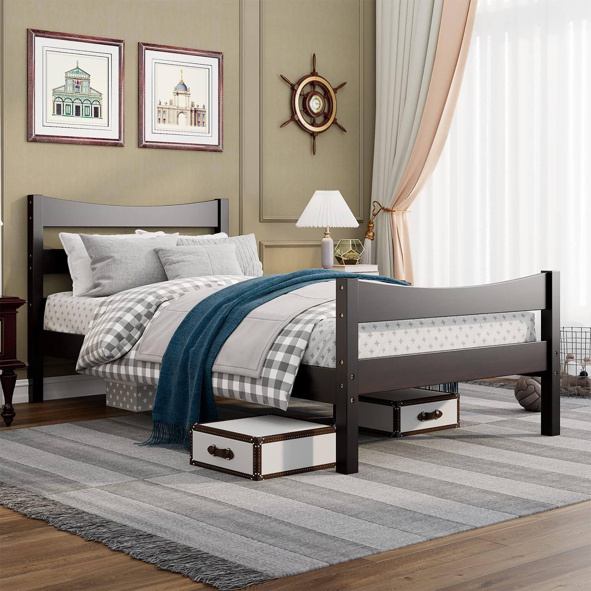 Alt View 3. Gymax - Gymax Twin Size Platform Bed Frame Foundation w/Headboard &Wood Slat Support Espresso - Espresso.