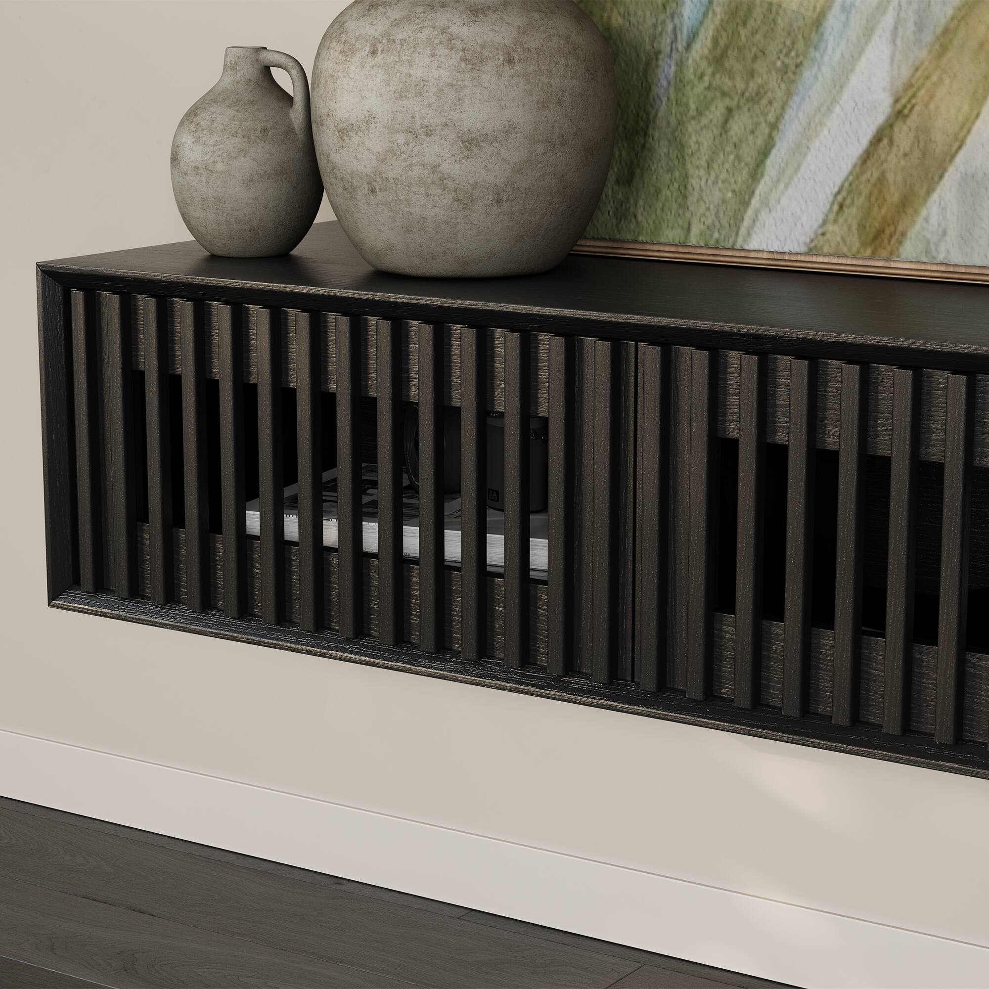 Alt View 2. POVISON - 63" Black Floating TV Stand, Modern Minimalist, Four Drawers, Fully-Assembled - Black.