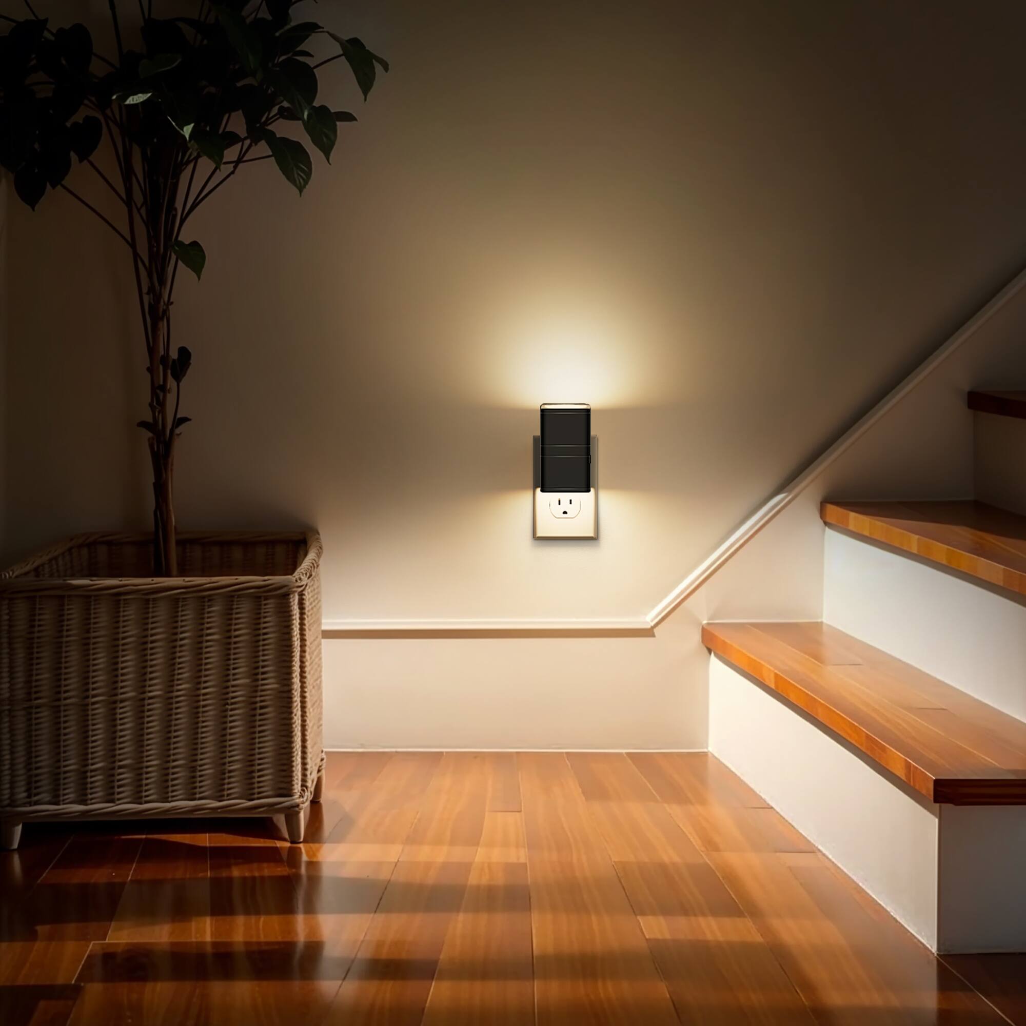 Alt View 2. Jandcase - JANDCASE 2-Pack 1W  Plug-in Night Light, 3000K Warm Glow, Square Cylinder Wall Sconce with Up/Down Light, Slide Dimmer - Black.