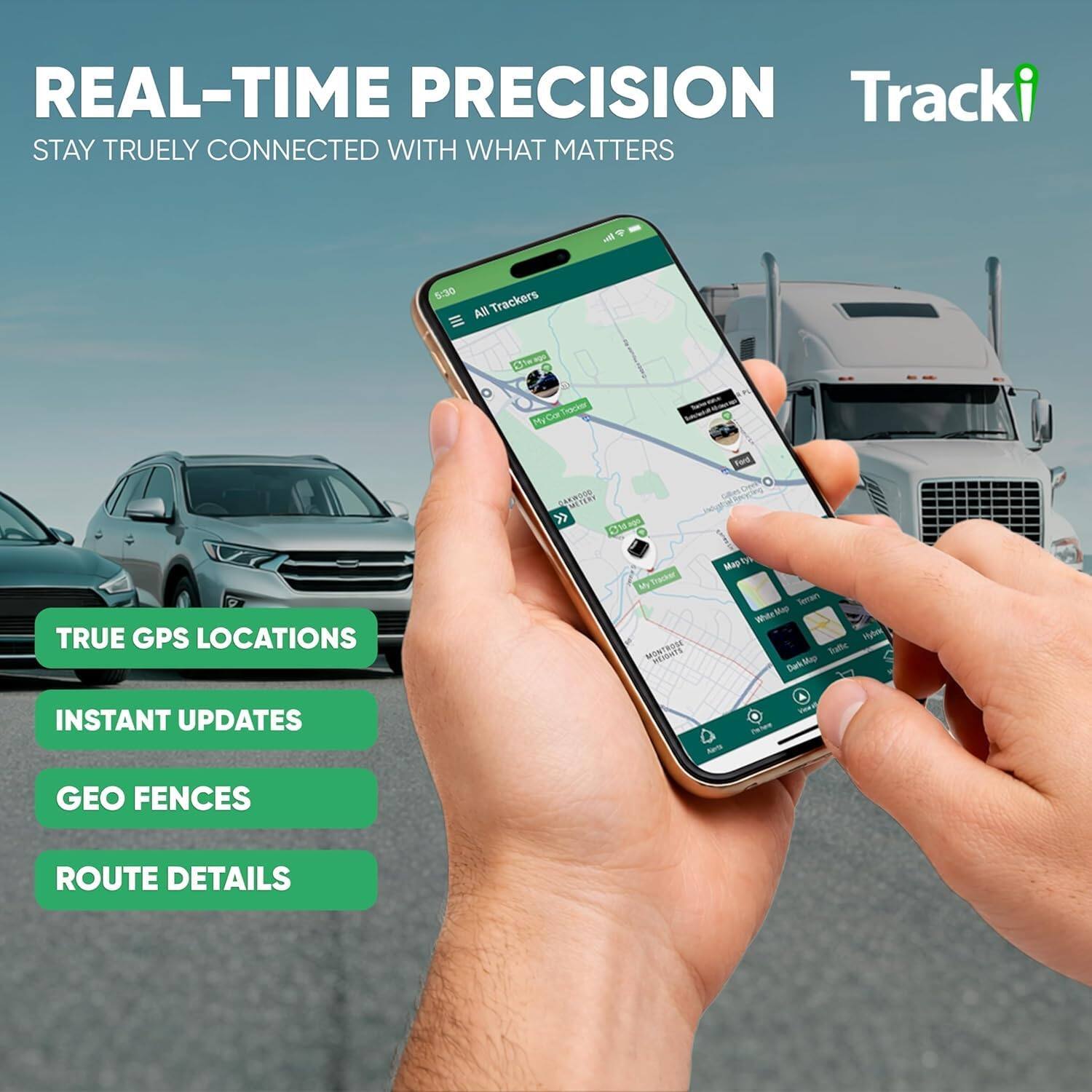 REAL-TIME PRECISION  
STAY TRULY CONNECTED WITH WHAT MATTERS  

Tracki  

TRUE GPS LOCATIONS  
INSTANT UPDATES  
GEO FENCES  
ROUTE DETAILS