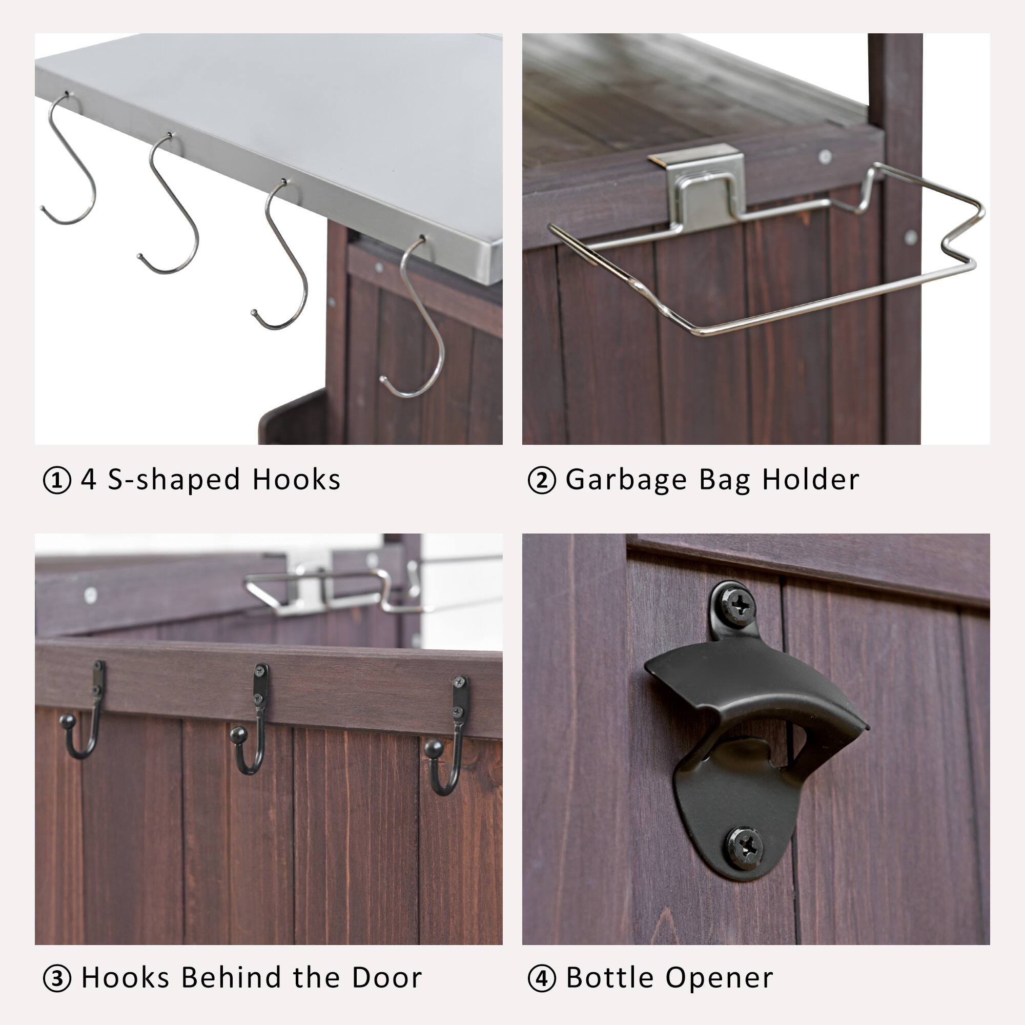 1. 4 S-shaped Hooks  
2. Garbage Bag Holder  
3. Hooks Behind the Door  
4. Bottle Opener