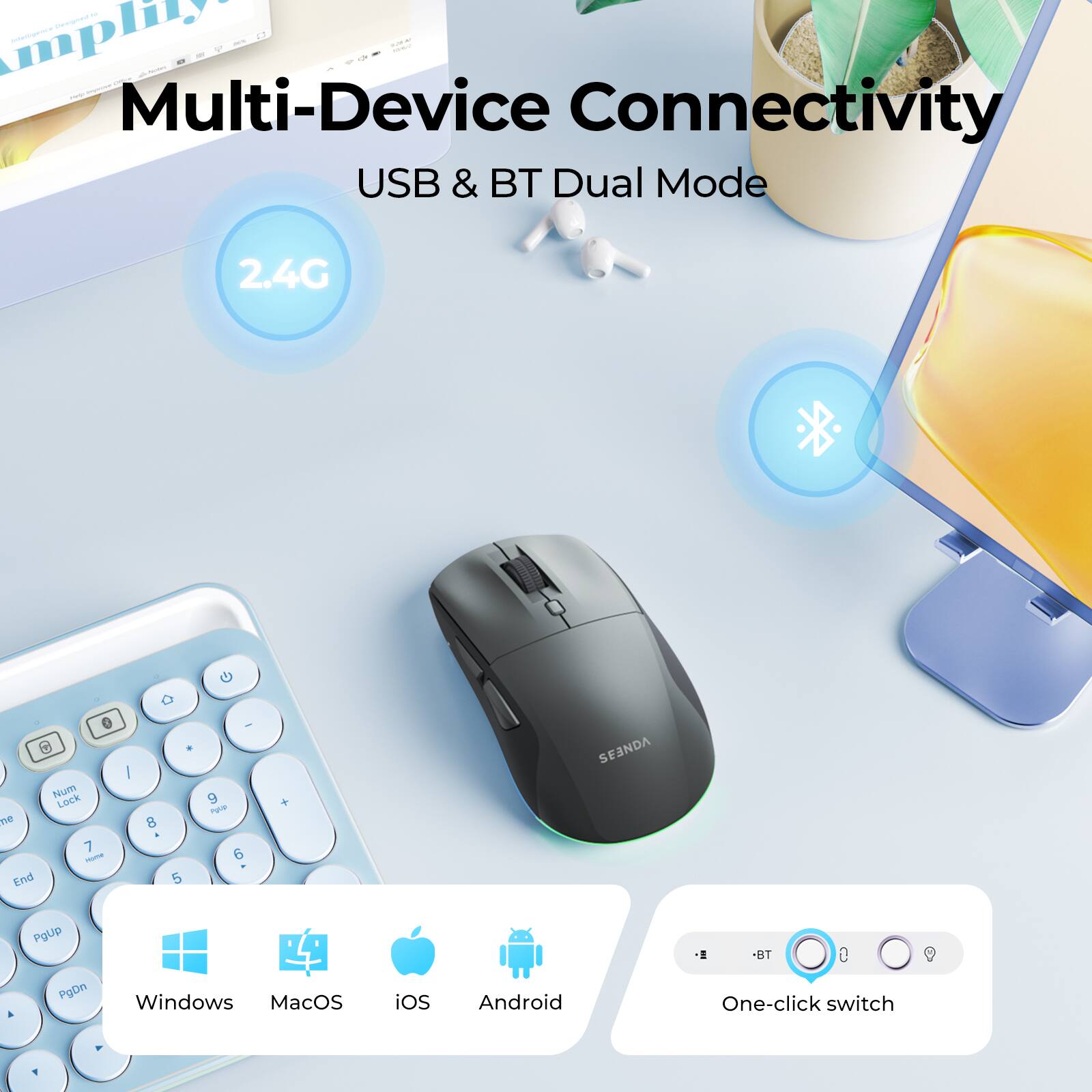 Multi-Device Connectivity  
USB & BT Dual Mode  
2.4G  
Num Lock  
7 8 9  
4 5 6  
1 2 3  
0  
Windows MacOS iOS Android  
BT One-click switch