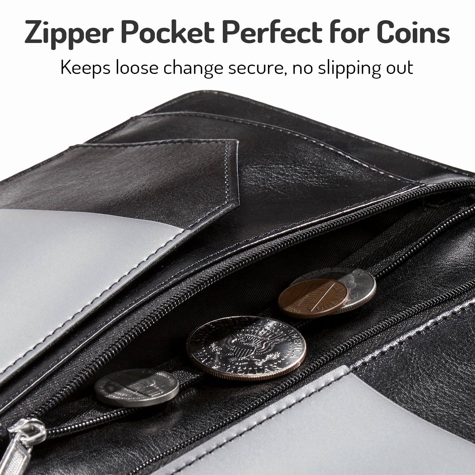 Zipper Pocket Perfect for Coins  
Keeps loose change secure, no slipping out