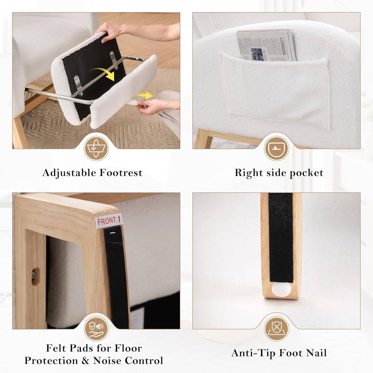 - Adjustable Footrest
- Right side pocket
- Felt Pads for Floor Protection & Noise Control
- Anti-Tip Foot Nail