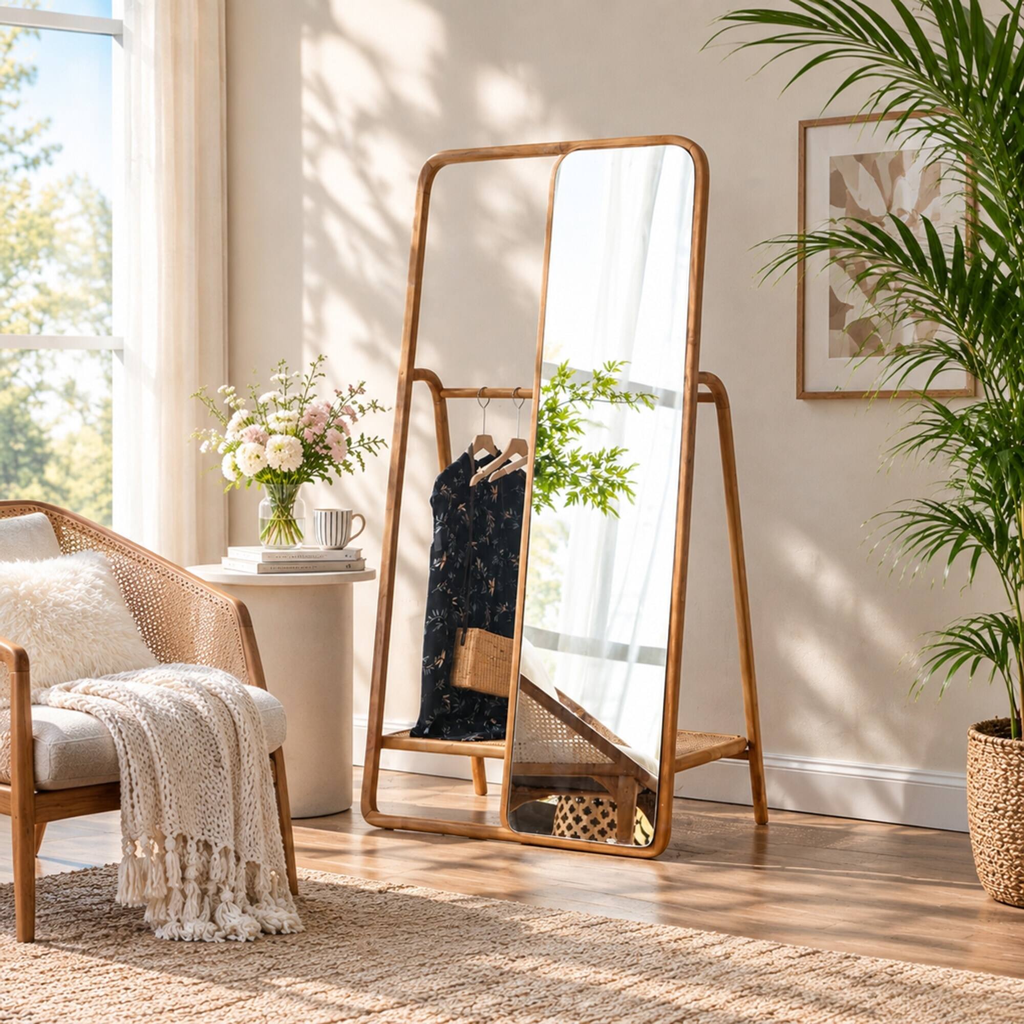 RYHNUYNE Rattan Valet Mirror, 38 x 23 x 71.5 in, Teak Frame, Clothes ...