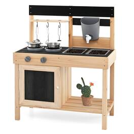 Gymax - Mud Kitchen Playset Outdoor Kids Pretend Play Kitchen w/2 Removable Sinks Faucet Natural - Natural, Black