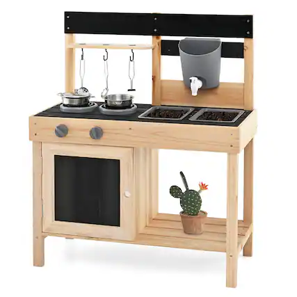 Front. Gymax - Gymax Mud Kitchen Playset Outdoor Kids Pretend Play Kitchen w/2 Removable Sinks Faucet Natural - Natural, Black.
