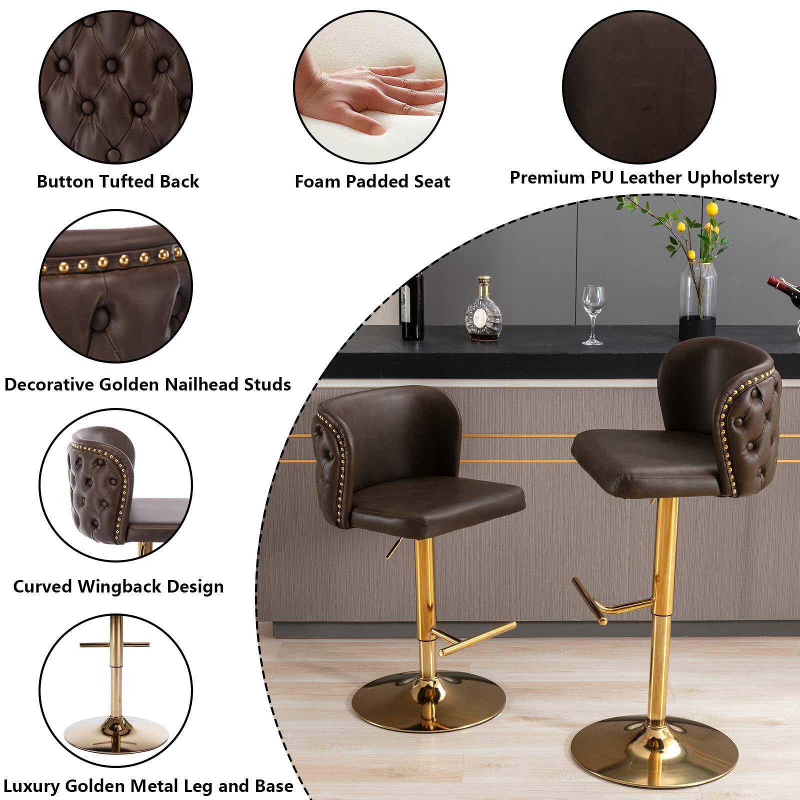 - Button Tufted Back
- Foam Padded Seat
- Premium PU Leather Upholstery
- Decorative Golden Nailhead Studs
- Curved Wingback Design
- Luxury Golden Metal Leg and Base