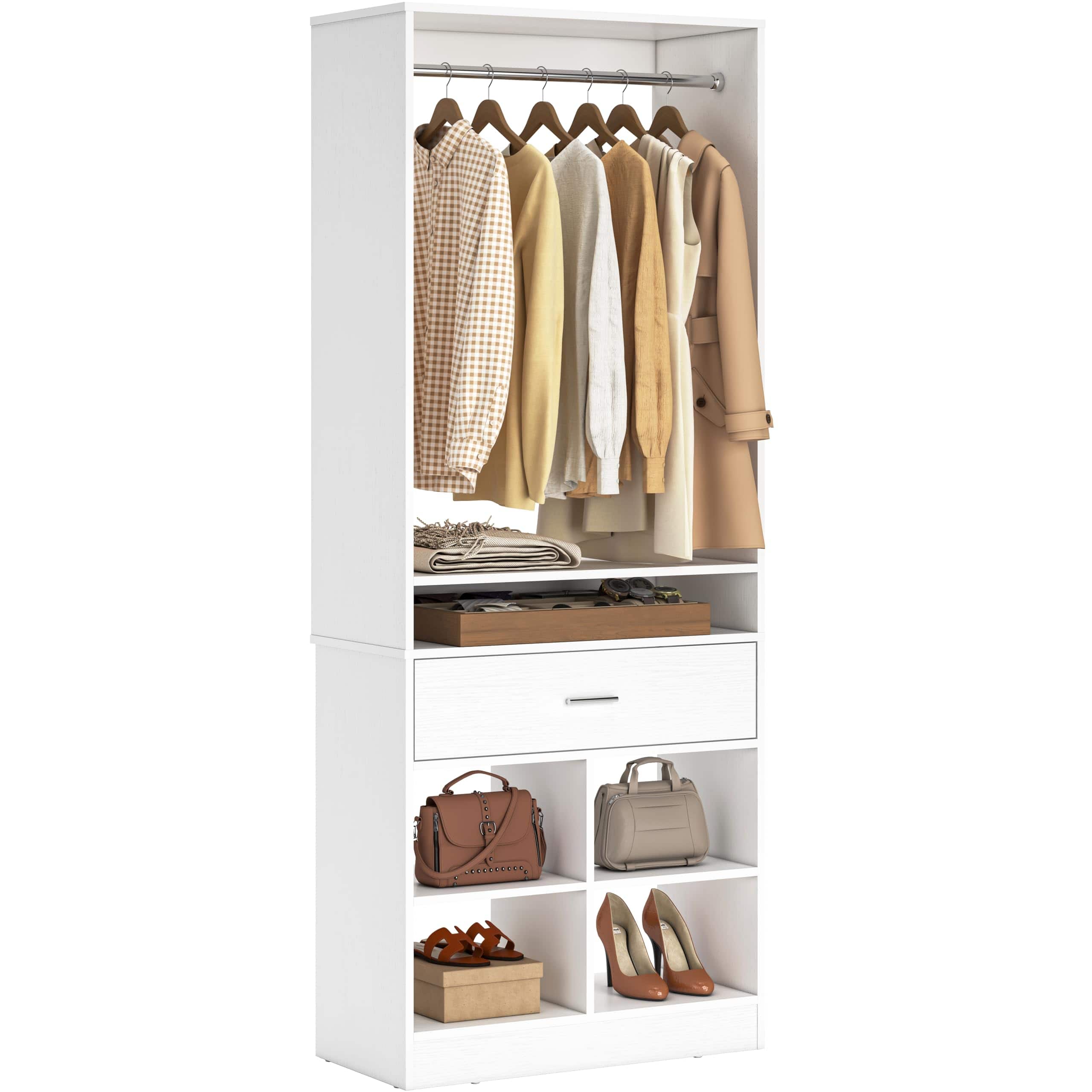 Aheaplus - Freestanding Closet System with 2 Drawers, 4 Cubby Storage & Hanging Rod – 25''W x 80''H Walk-in Wardrobe Organizer - White