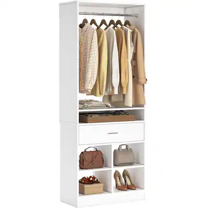 Front. Aheaplus - Freestanding Closet System with 2 Wood Drawers, 4 Cubby Storage & Hanging Rod – 25''W x 80''H Walk-in Wardrobe Organizer - White.