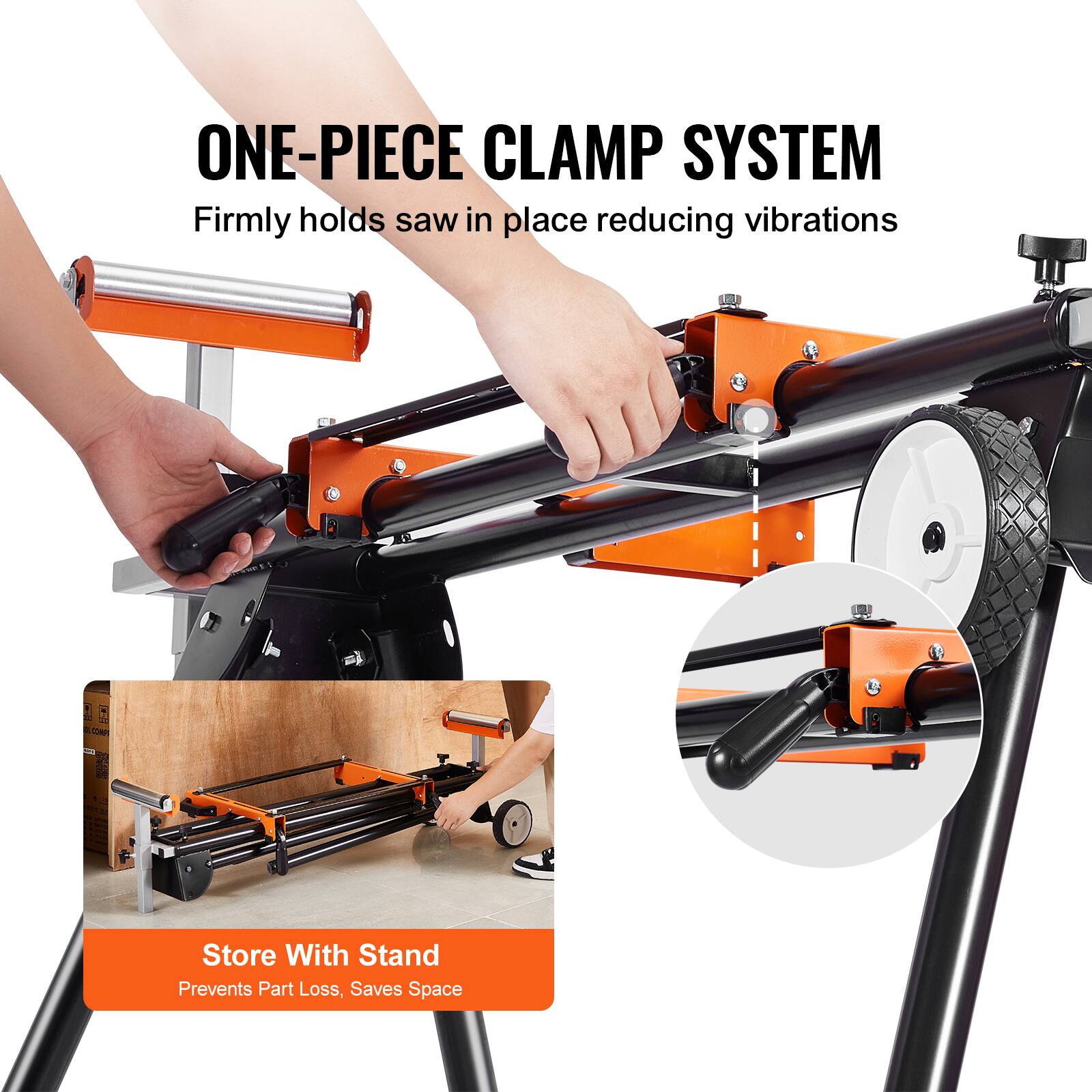 ONE-PIECE CLAMP SYSTEM  
Firmly holds saw in place reducing vibrations  

Store With Stand  
Prevents Part Loss, Saves Space
