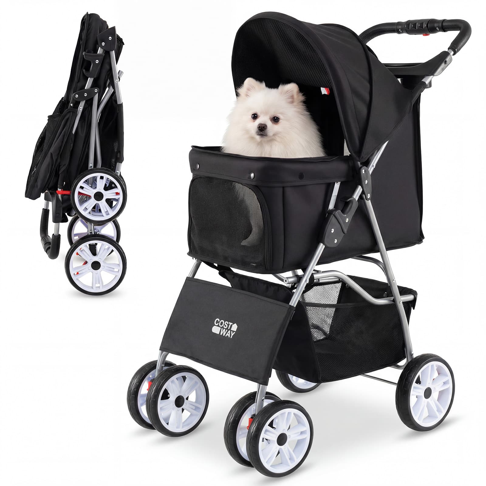 Gymax - 4-Wheel Pet Stroller for Dogs Cats up to 33 LBS Foldable w/ Breathable Mesh Black