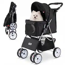 Gymax - 4-Wheel Pet Stroller for Dogs Cats up to 33 LBS Foldable w/ Breathable Mesh Black