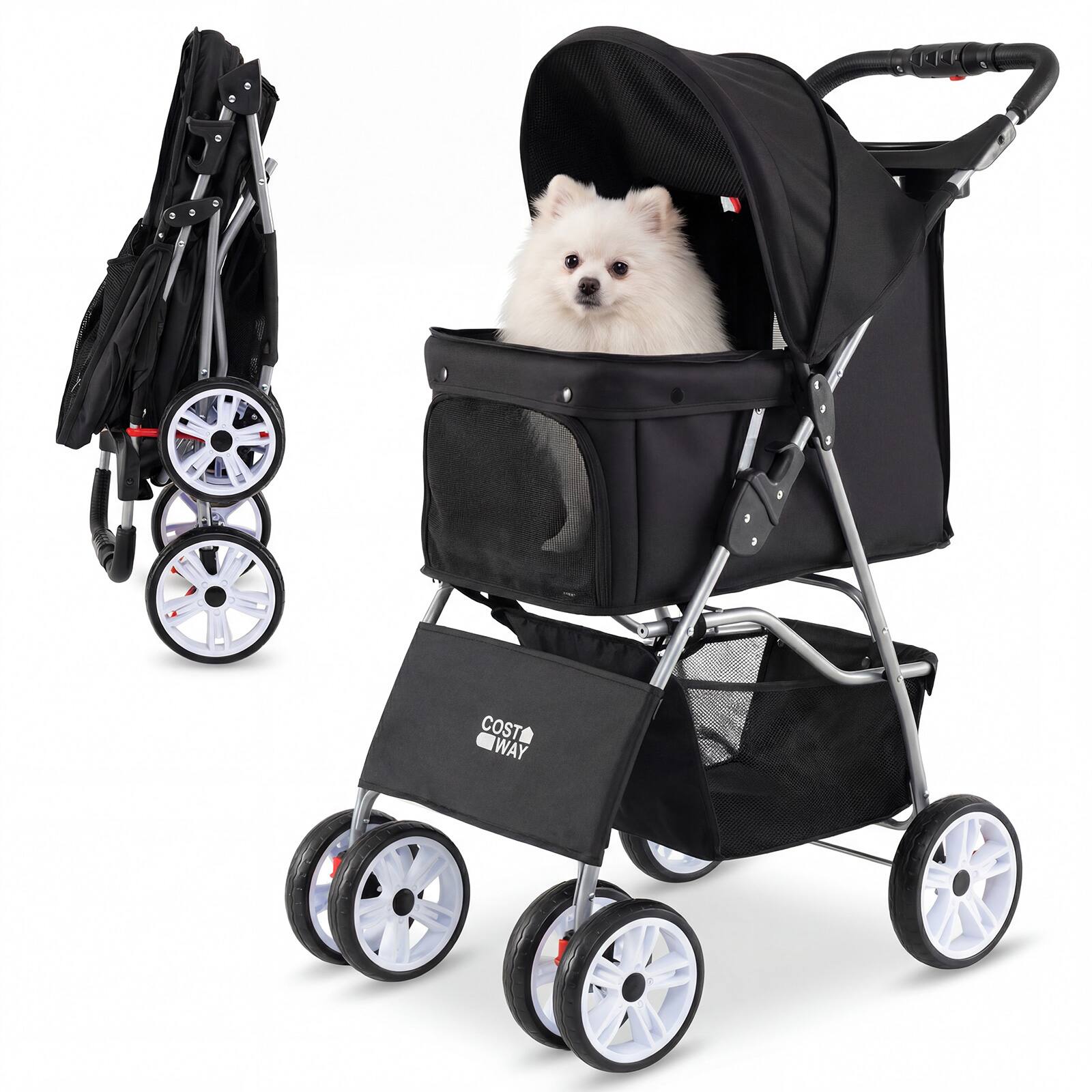 Gymax - 4-Wheel Pet Stroller for Dogs Cats up to 33 LBS Foldable w/ Breathable Mesh Black