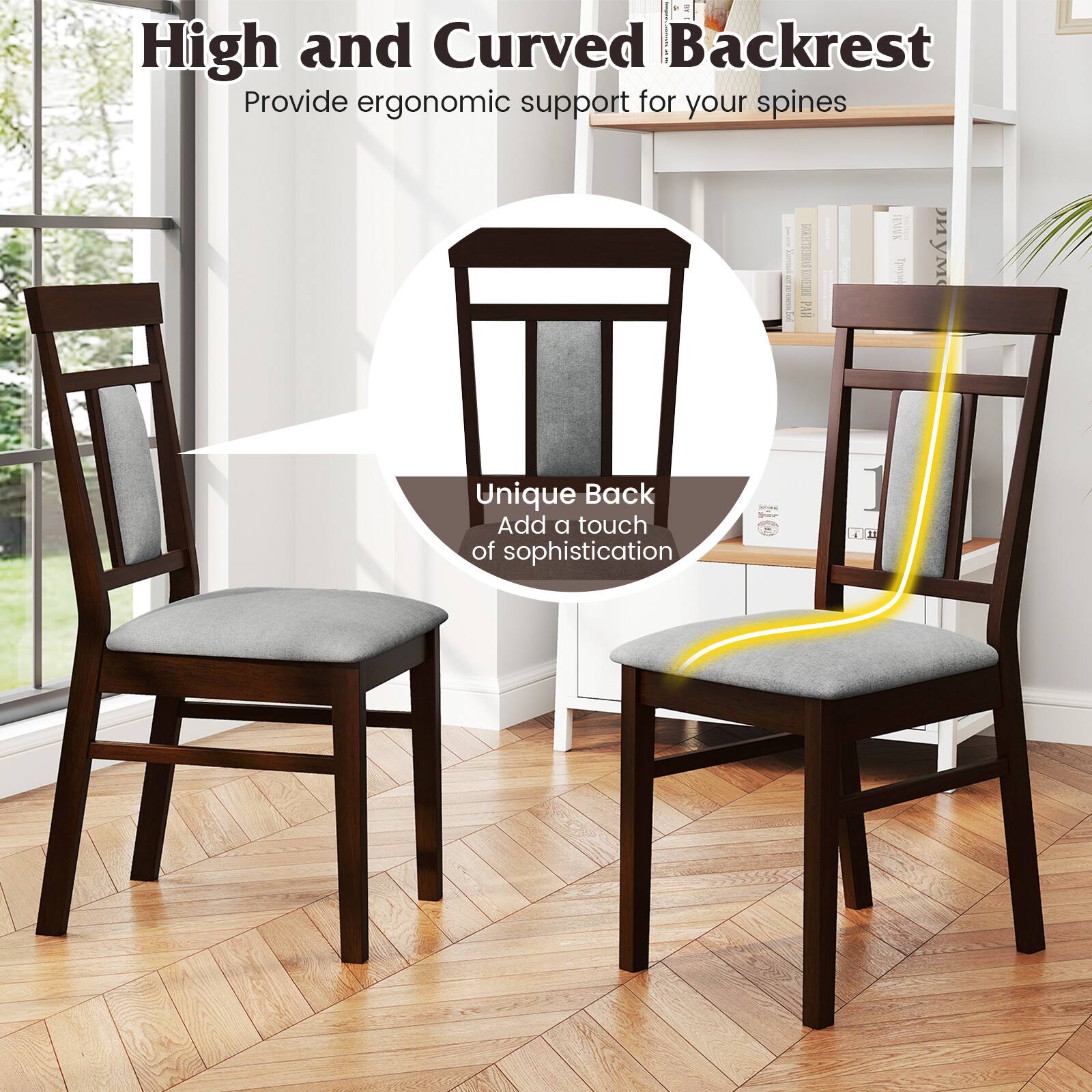 High and Curved Backrest  
Provide ergonomic support for your spines  

Unique Back  
Add a touch of sophistication
