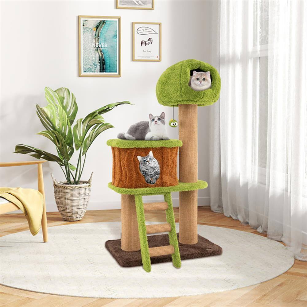 Left. Kadyn - Cat Scratching Tower,Cat Tree, Cute Cat Tree for Indoor Cats with Mushroom-shaped Nest Condo and Climbing Ladder - Brown.