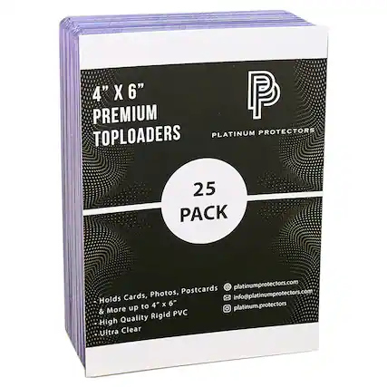 4" X 6" PREMIUM PLATINUM PROTECTORS TOPLOADERS 25 PACK
- Holds Cards, Photos, Postcards & More up to 4" x 6"
- High Quality Rigid PVC
- Ultra Clear
platinumprotectors.com
info@platinumprotectors.com
platinum.protectors