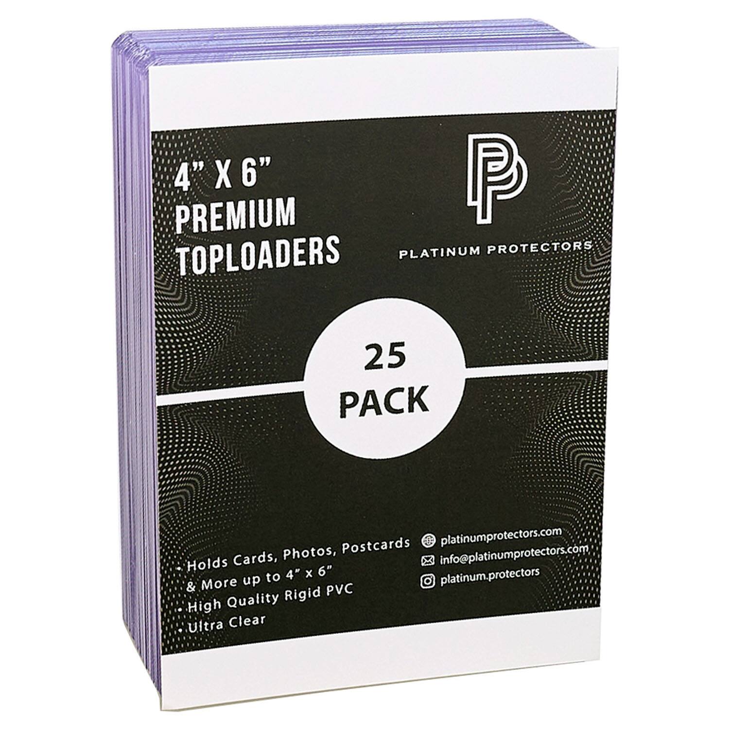 4" X 6" PREMIUM PLATINUM PROTECTORS TOPLOADERS 25 PACK

- Holds Cards, Photos, Postcards & More up to 4" x 6"
- High Quality Rigid PVC
- Ultra Clear

platinumprotectors.com
info@platinumprotectors.com
platinum.protectors