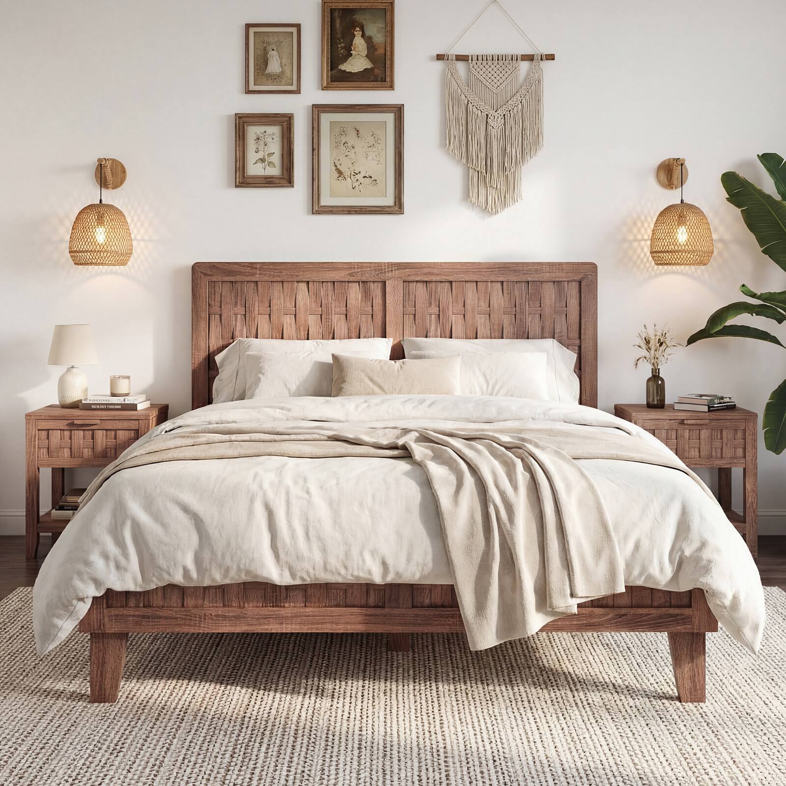 Alt View 3. Costway - Costway Full Size Bed Frame with Woven Accent Headboard & Footboard, Wooden Slat Support - Walnut.