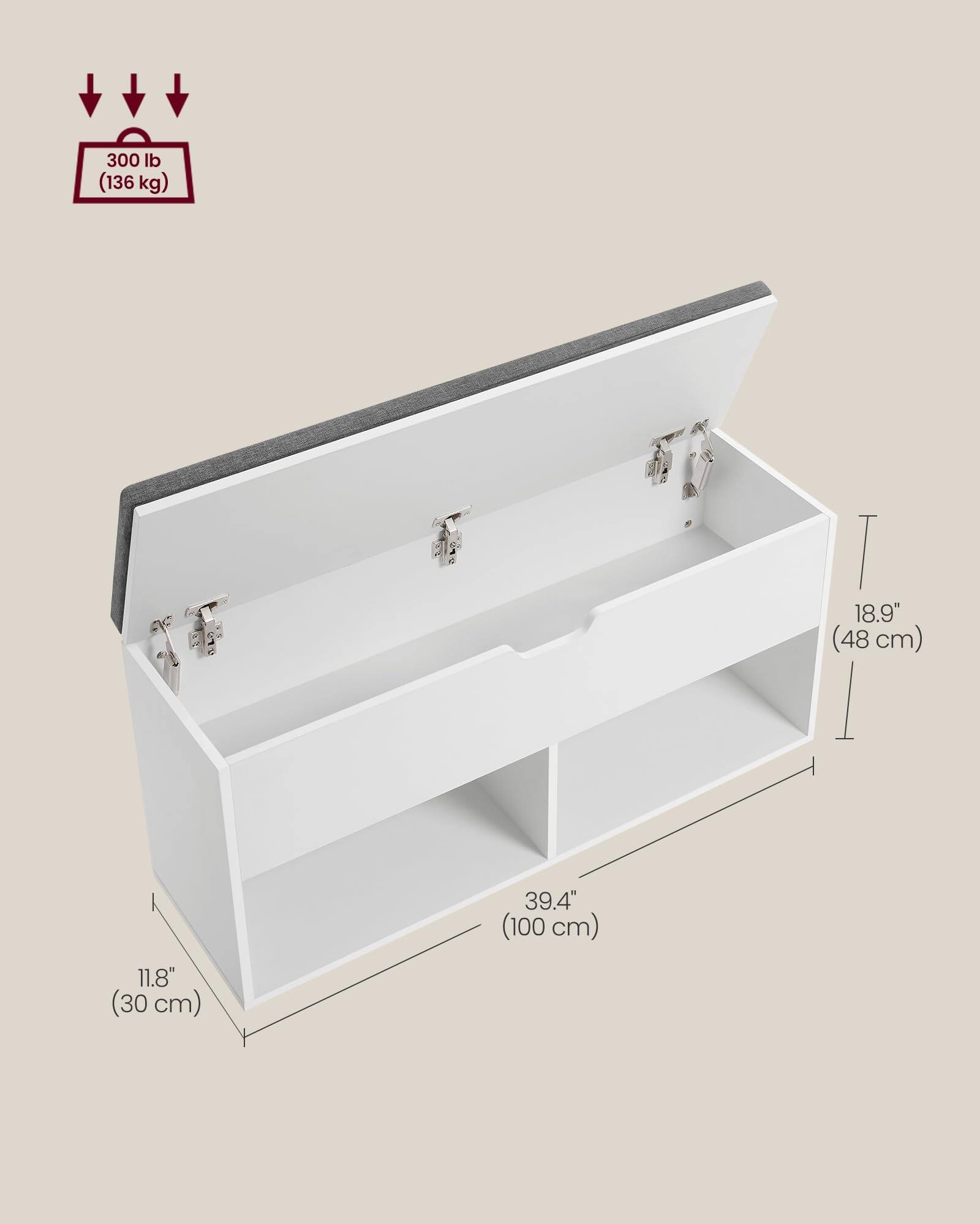 300 lb (136 kg)  
18.9" (48 cm)  
39.4" (100 cm)  
11.8" (30 cm)