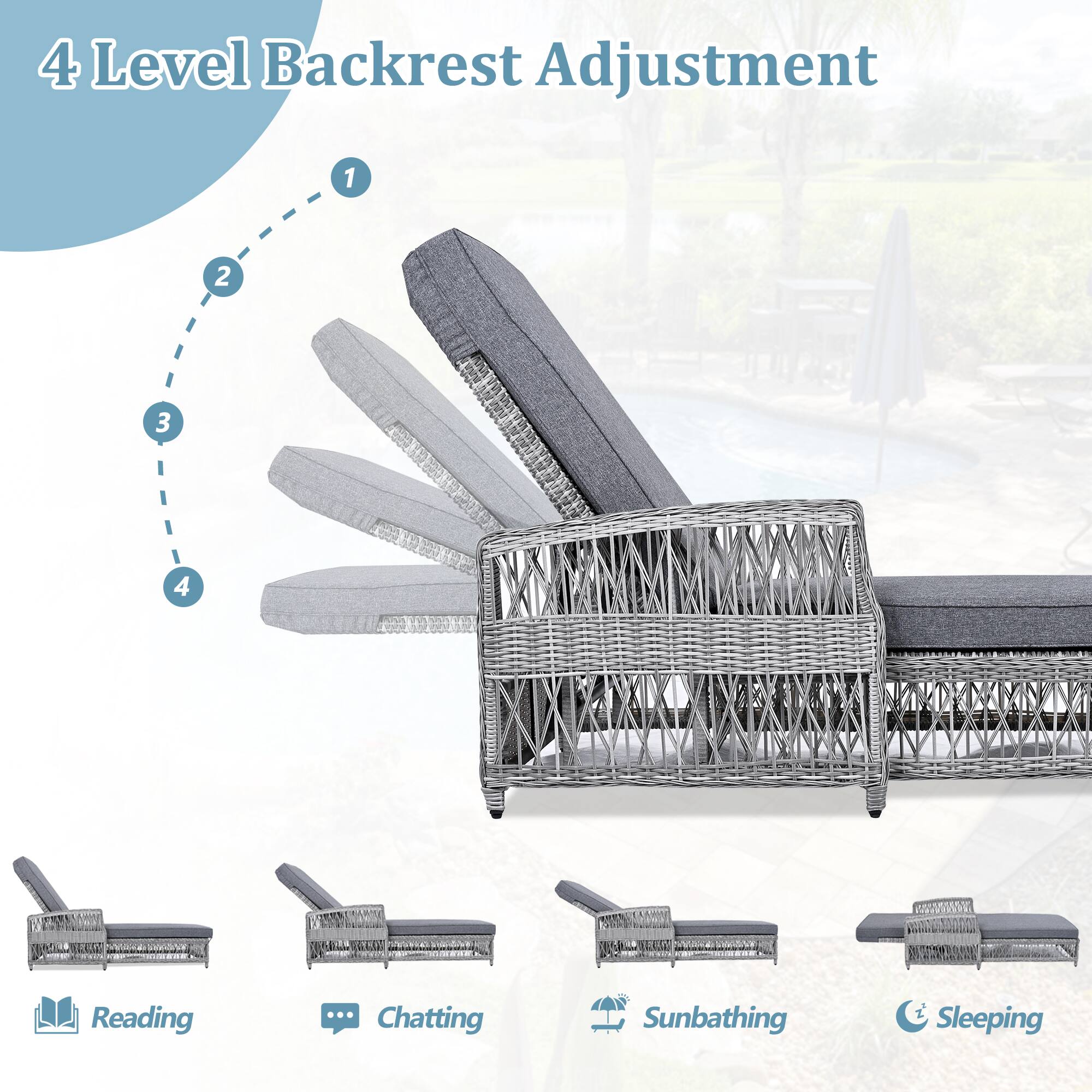 4 Level Backrest Adjustment

1. Reading
2. Chatting
3. Sunbathing
4. Sleeping