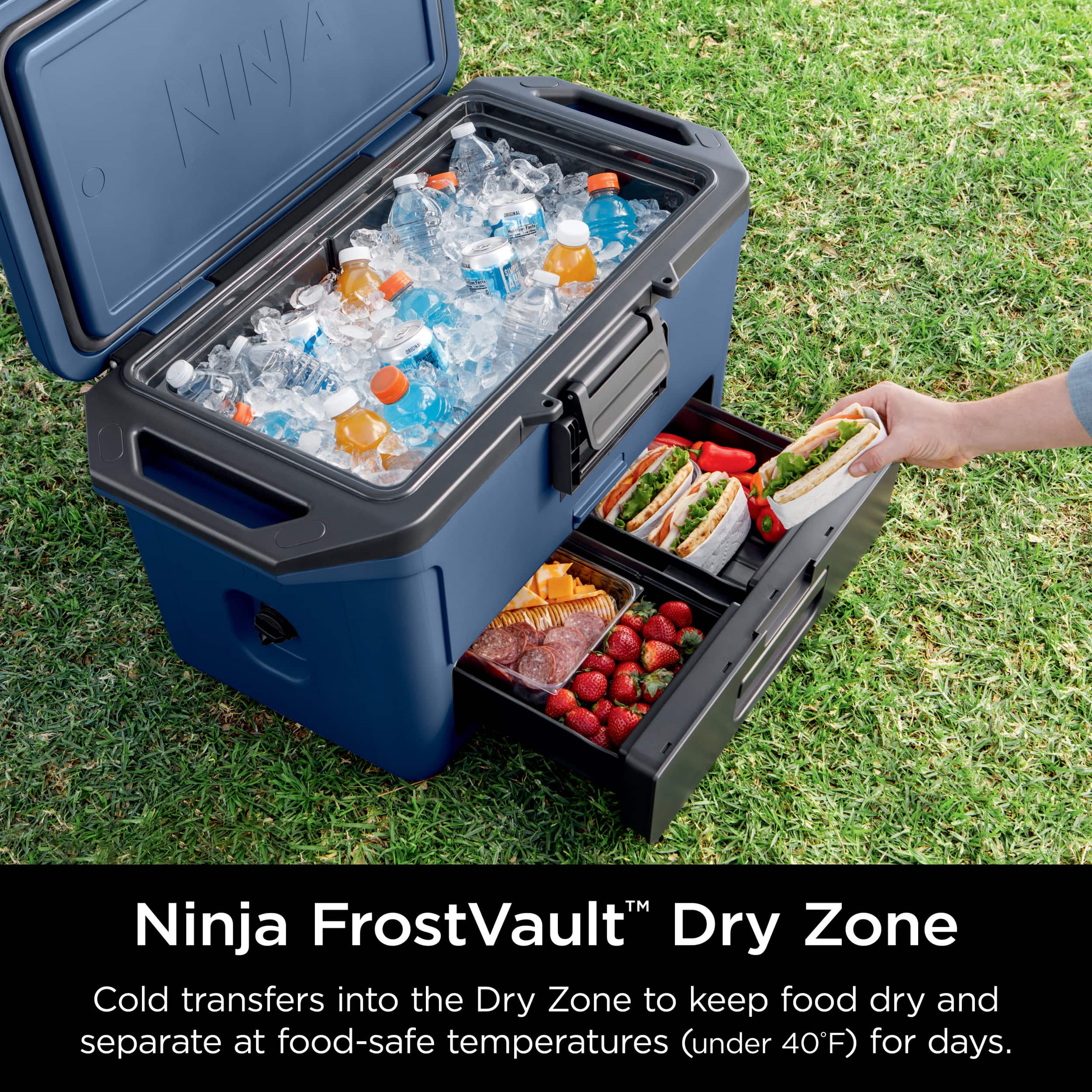 Ninja FrostVault Dry Zone Cold transfers into the Dry Zone to keep food dry and separate at food-safe temperatures (under 40°F) for days.