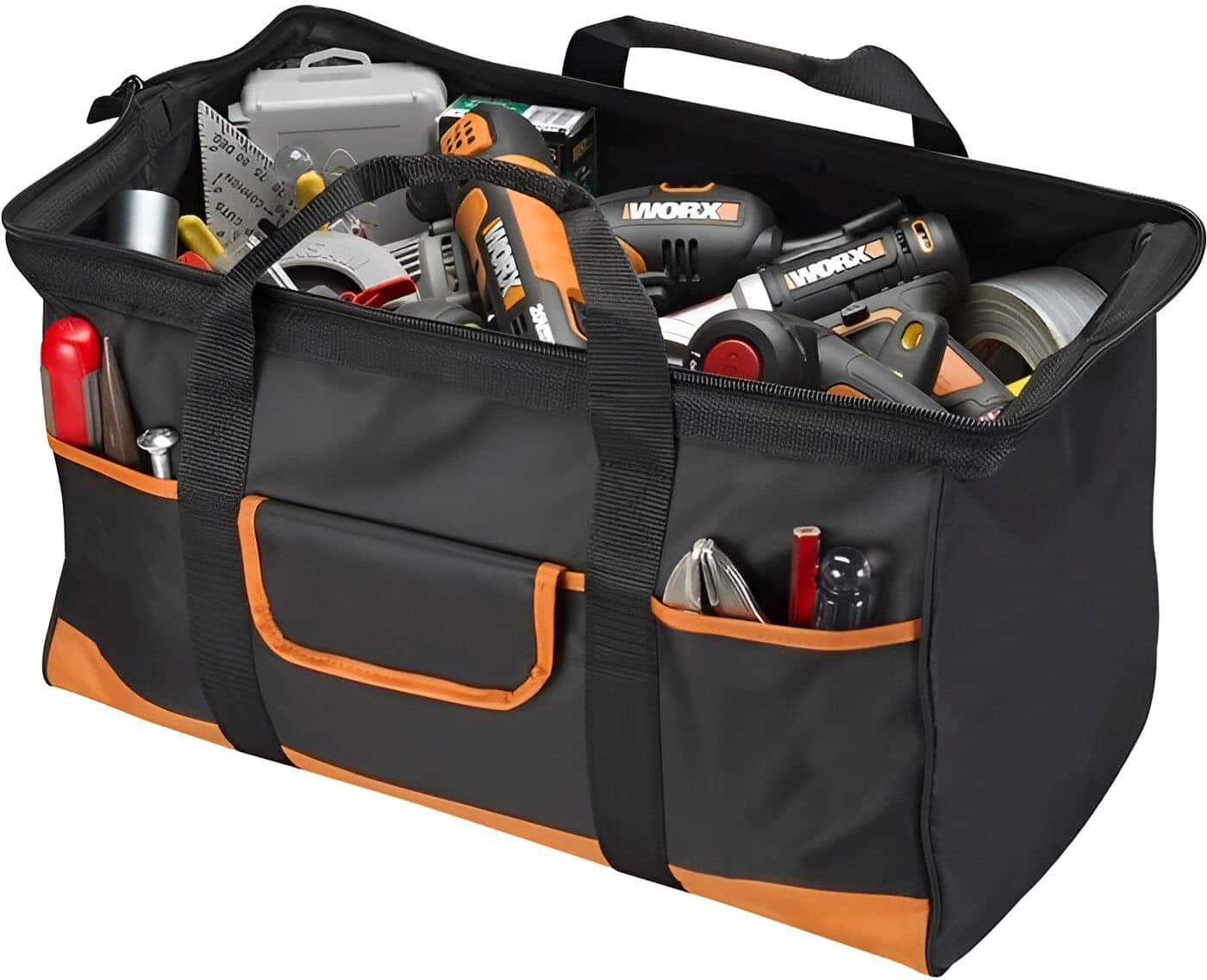 The image shows a black and orange tool bag filled with various tools, including a drill, a saw, and a wrench. The bag is likely used by a construction worker or someone who needs to carry their tools around for work purposes. The bag is open, revealing the tools inside, and it is placed on a white background.