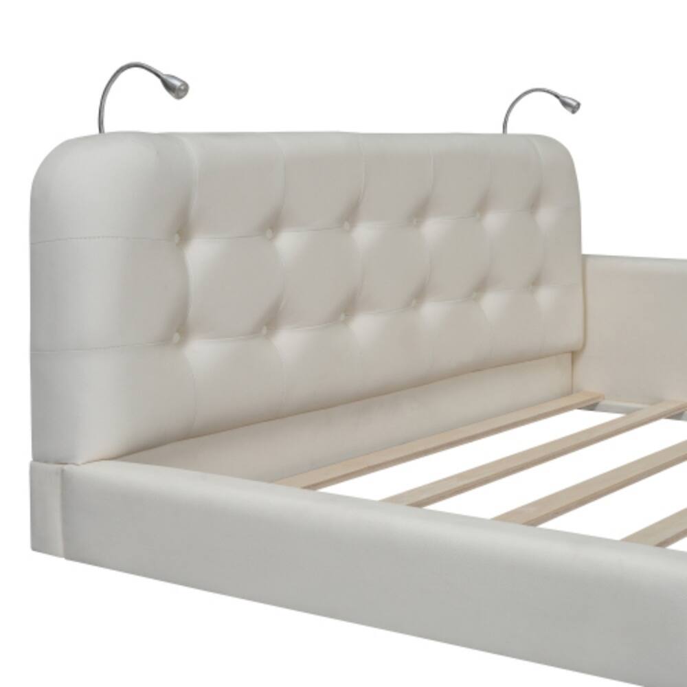 Alt View 4. LUCKY ONE - Queen Size Upholstered Platform Bed with 2 Reading Lights, PU Leather, Wood Slats, No Box Spring Needed - White.