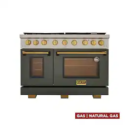Kucht - 48 in. 6.7 cu. ft. Natural Gas Range Two Ovens - One Convection - in Olive Green with gold knobs and True Simmer Burners - Olive Green